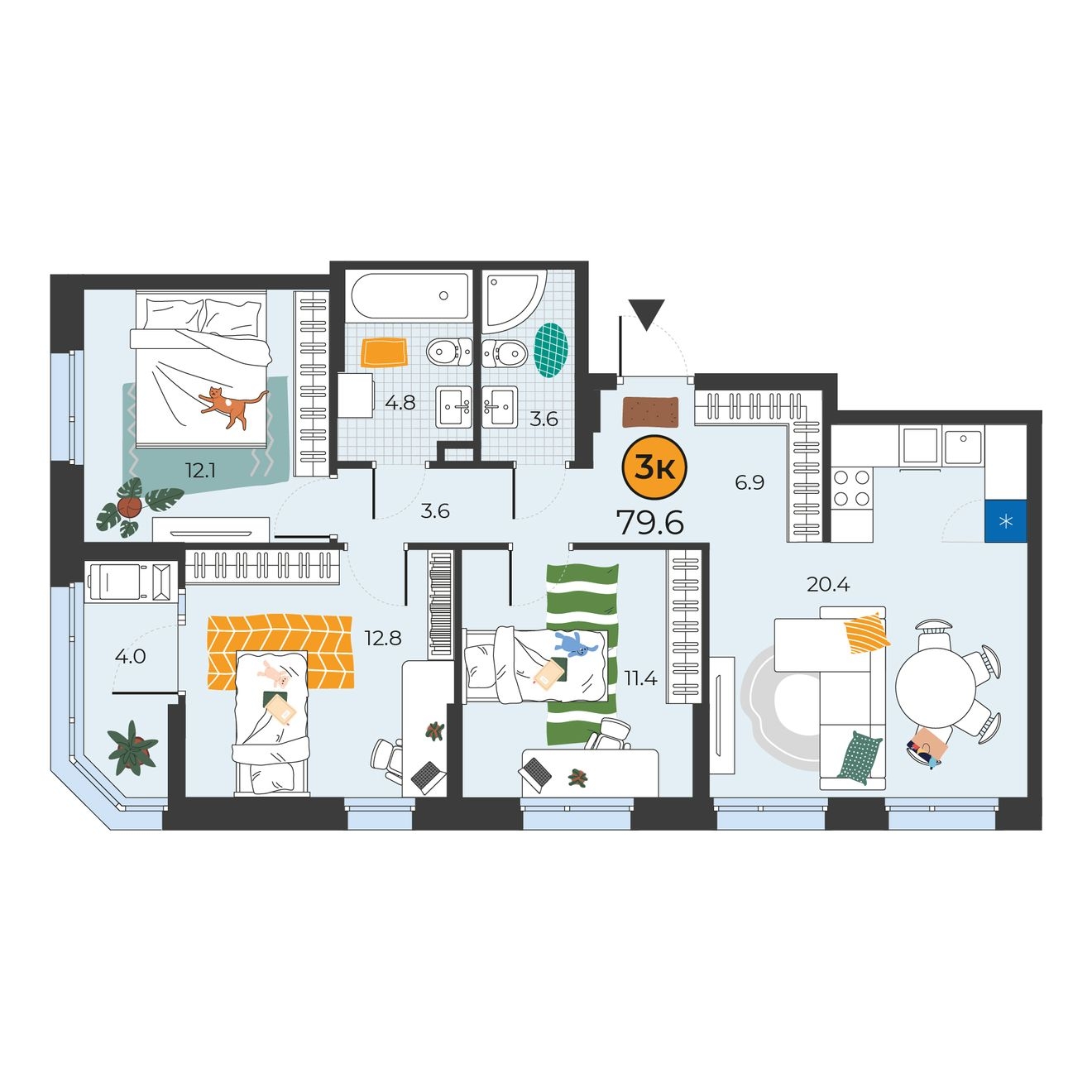 Планировка: 4-комнатная евро 79.6 м² в ЖК Корней, Южный