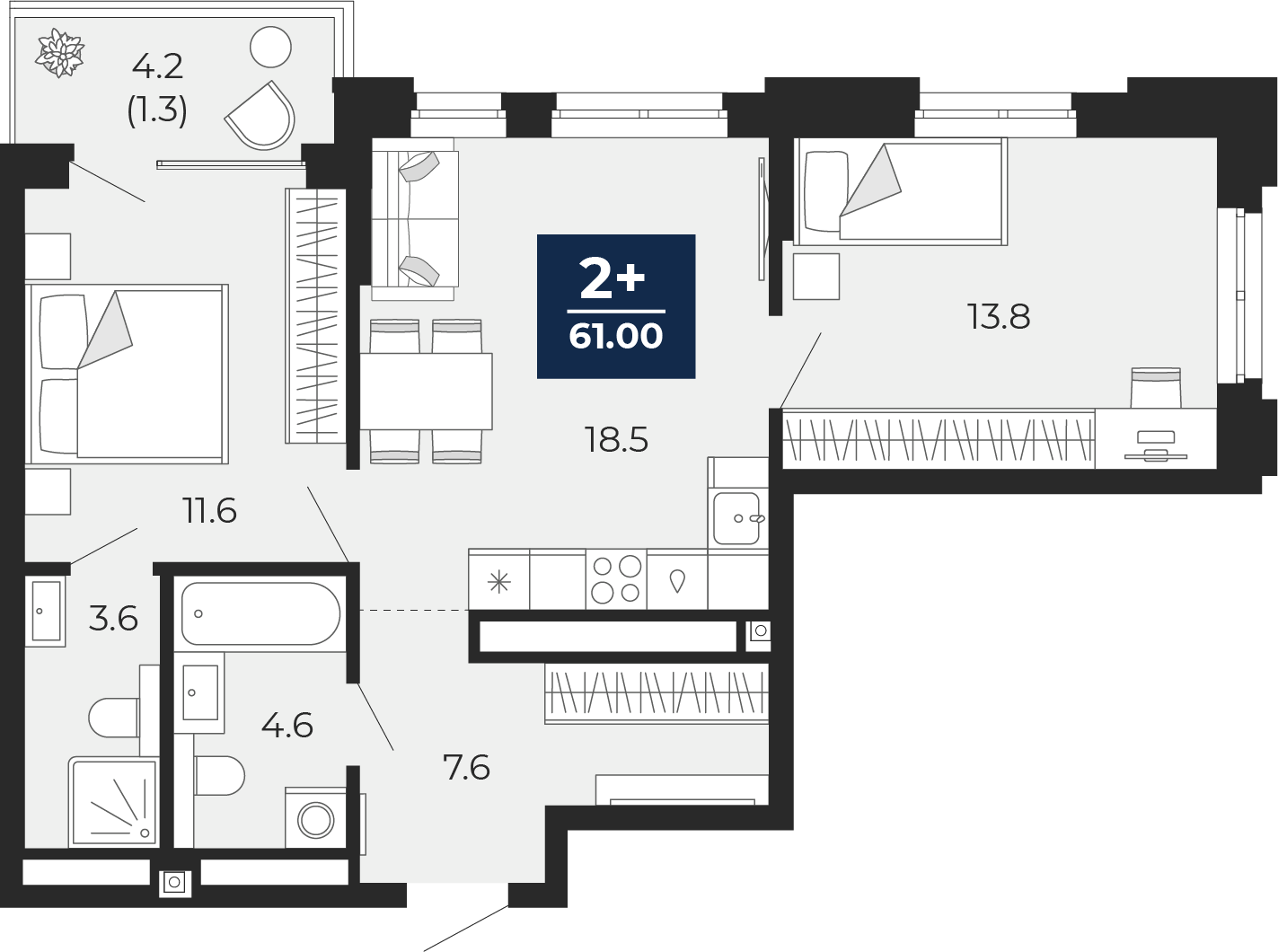 Планировка: Евротрешка 59.7 м² в ЖК Мириады, Мыс