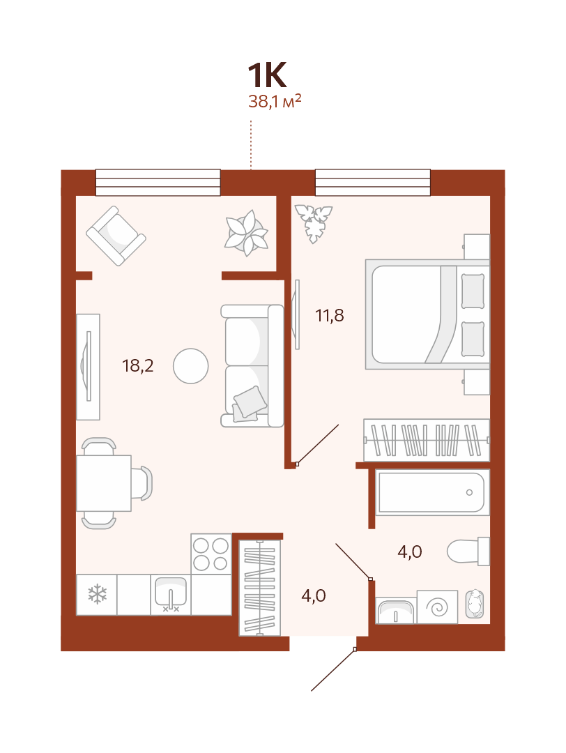 Планировка: Евродвушка 38 м² в ЖК Новатор, Центр: КПД