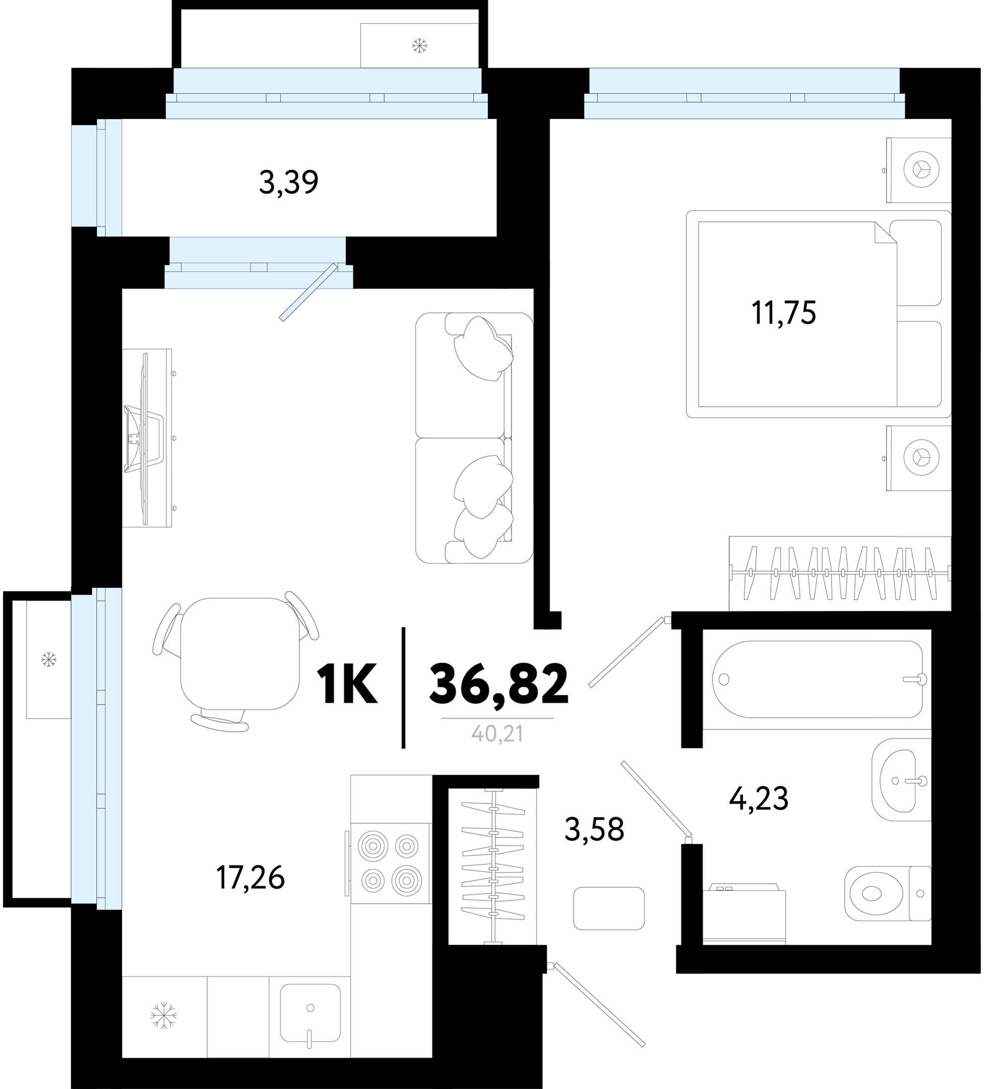 Планировка: Евродвушка 36.8 м² в ЖК Символ, Комарово Парк