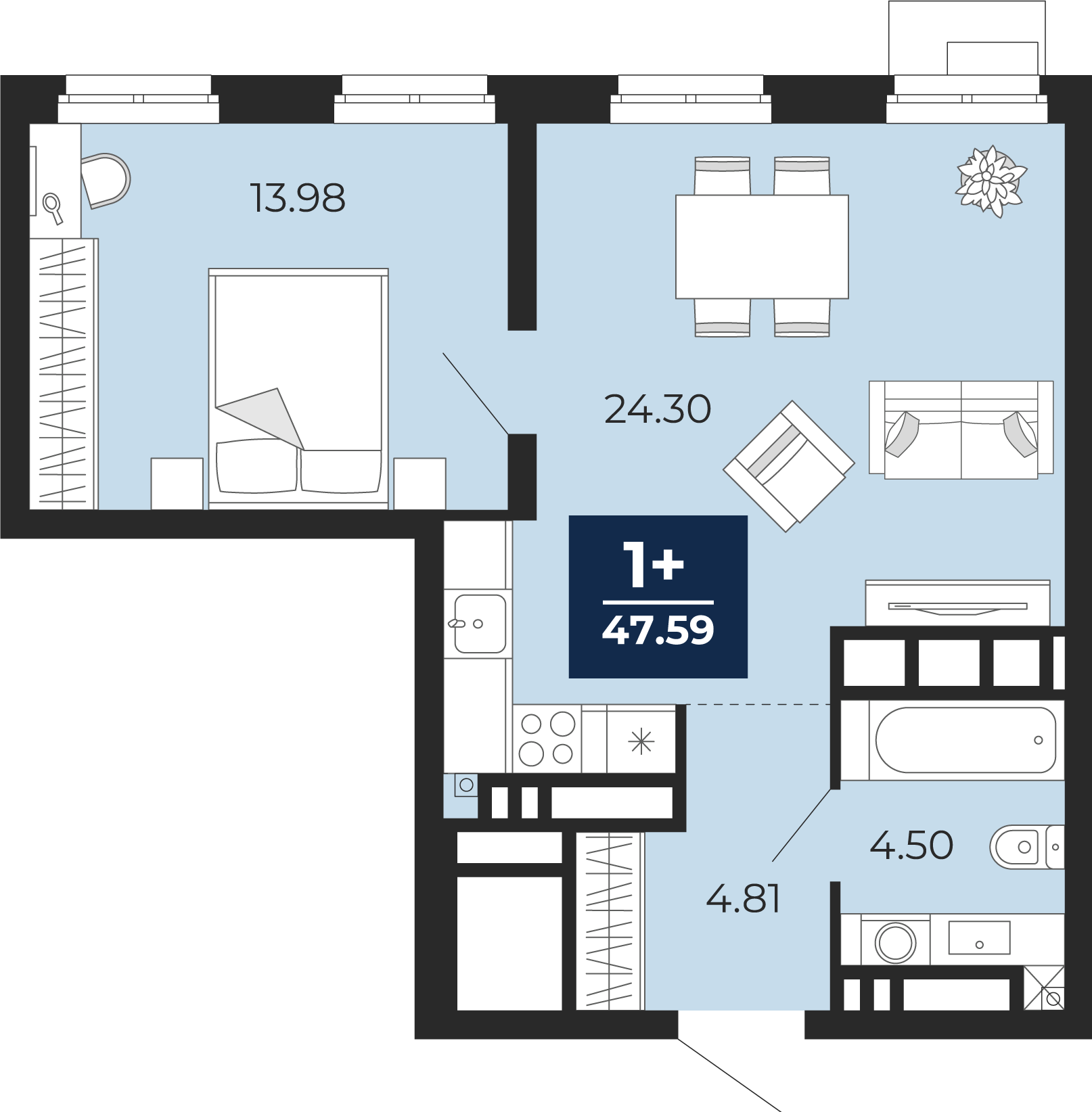 Планировка: Евродвушка 47.6 м² в ЖК Айвазовский, 5-й Заречный