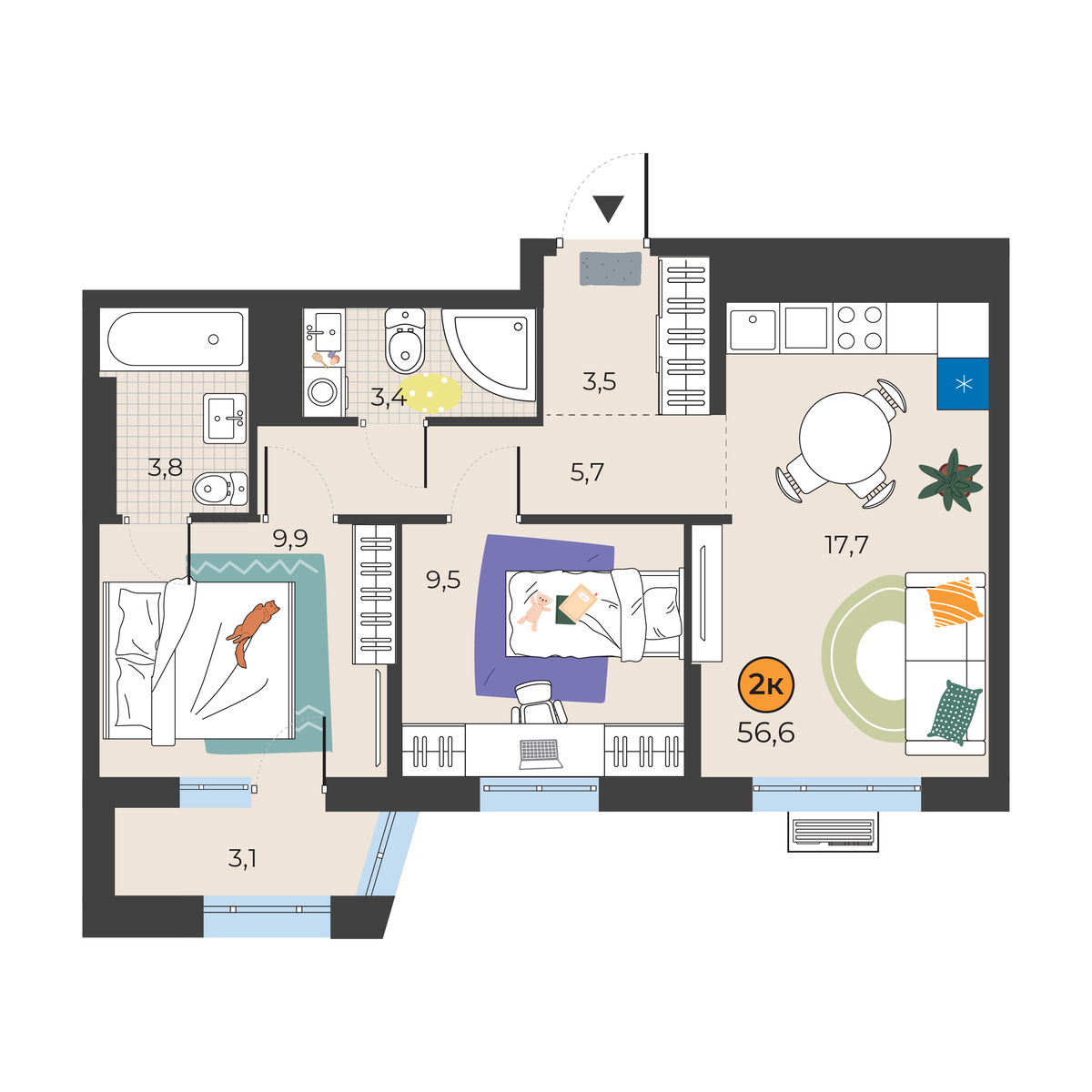 Планировка: Евротрешка 54.4 м² в ЖК Корней, Южный