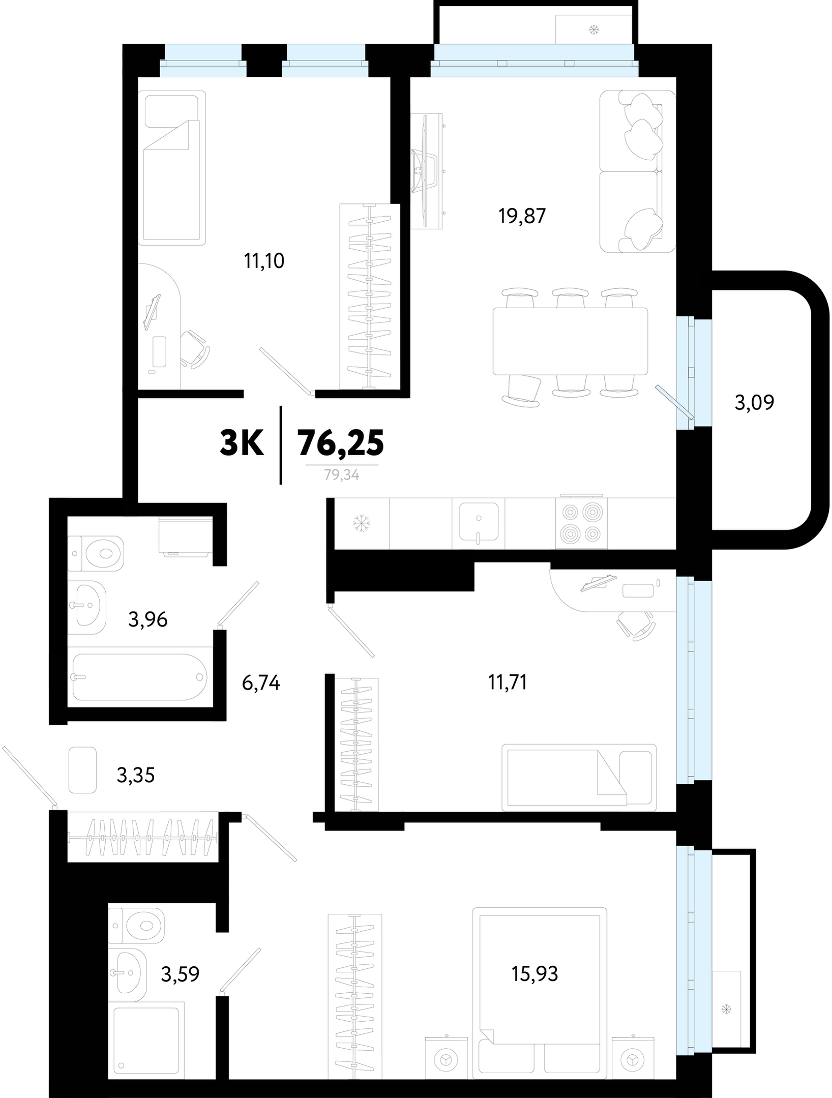Планировка: 4-комнатная евро 76.2 м² в ЖК Символ, Комарово Парк