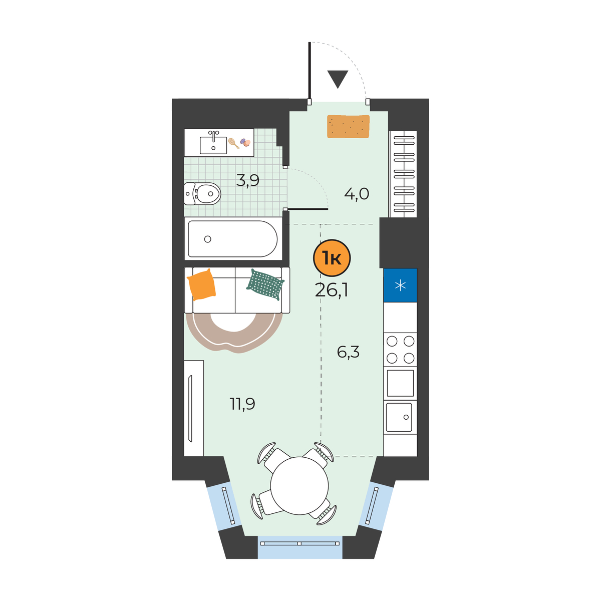 Планировка: Студия 26.1 м² в ЖК Корней, Южный