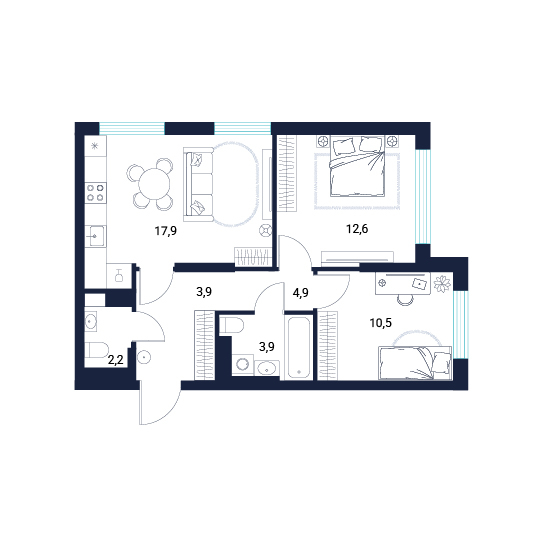 Планировка: Евротрешка 55.9 м² в ЖК AIRIS, Комарово Парк
