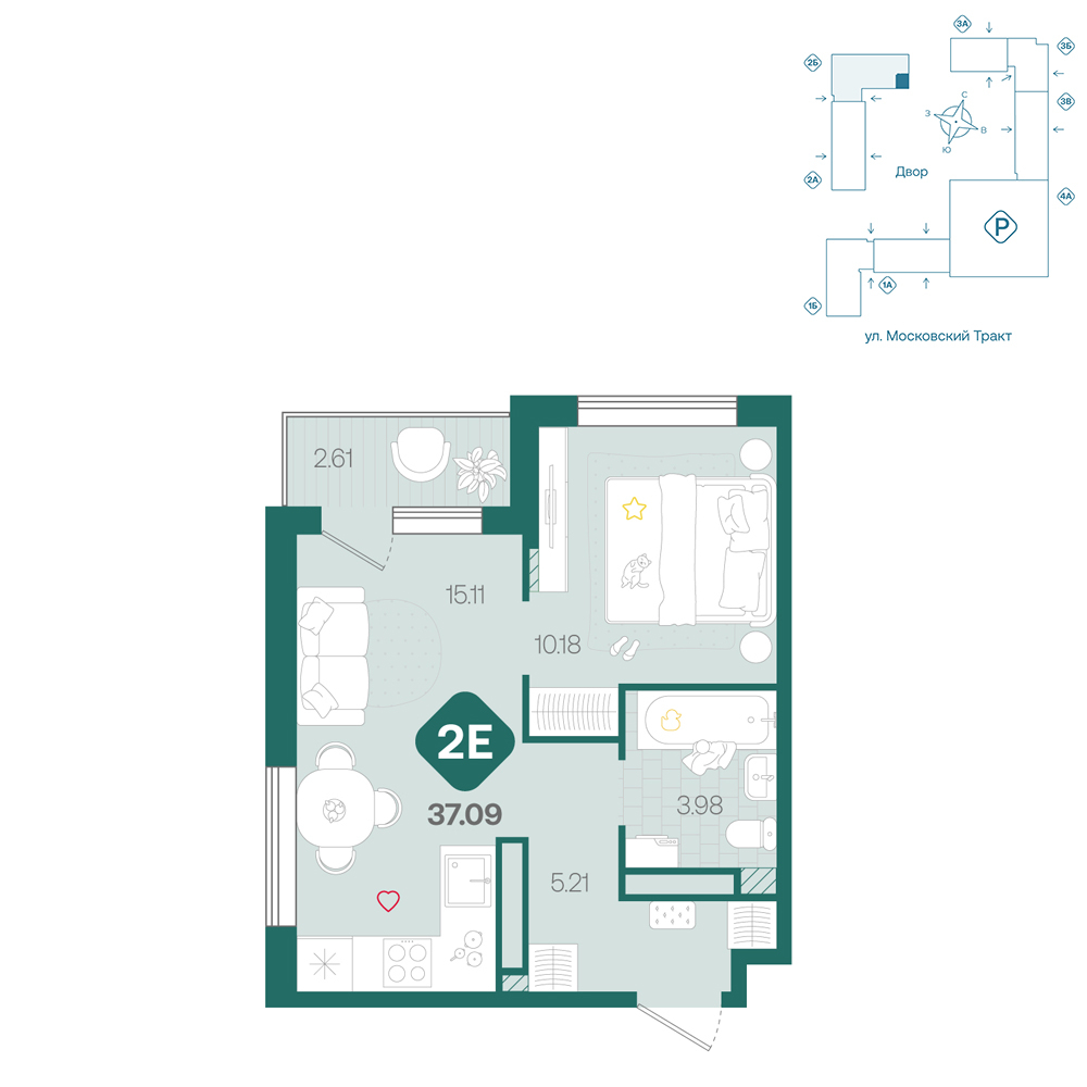 Планировка: Евродвушка 37.1 м² в ЖК Сибирский, Московский тракт