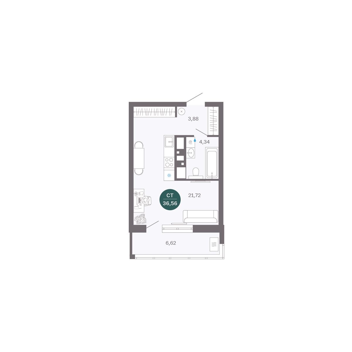 Планировка: Студия 36.6 м² в ЖК Румянский, Центр: Студгородок