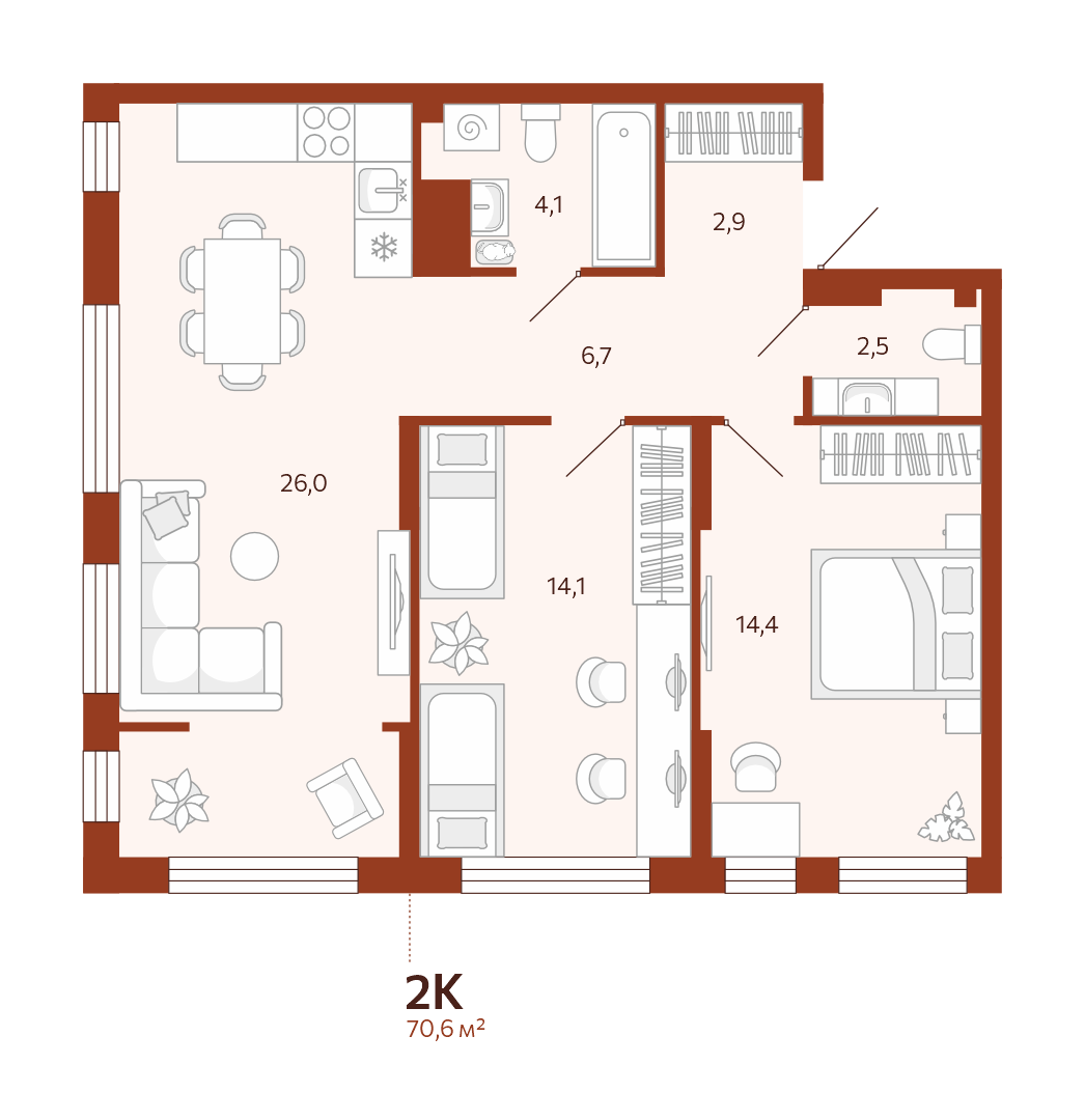 Планировка: Евротрешка 70.6 м² в ЖК Новатор, Центр: КПД