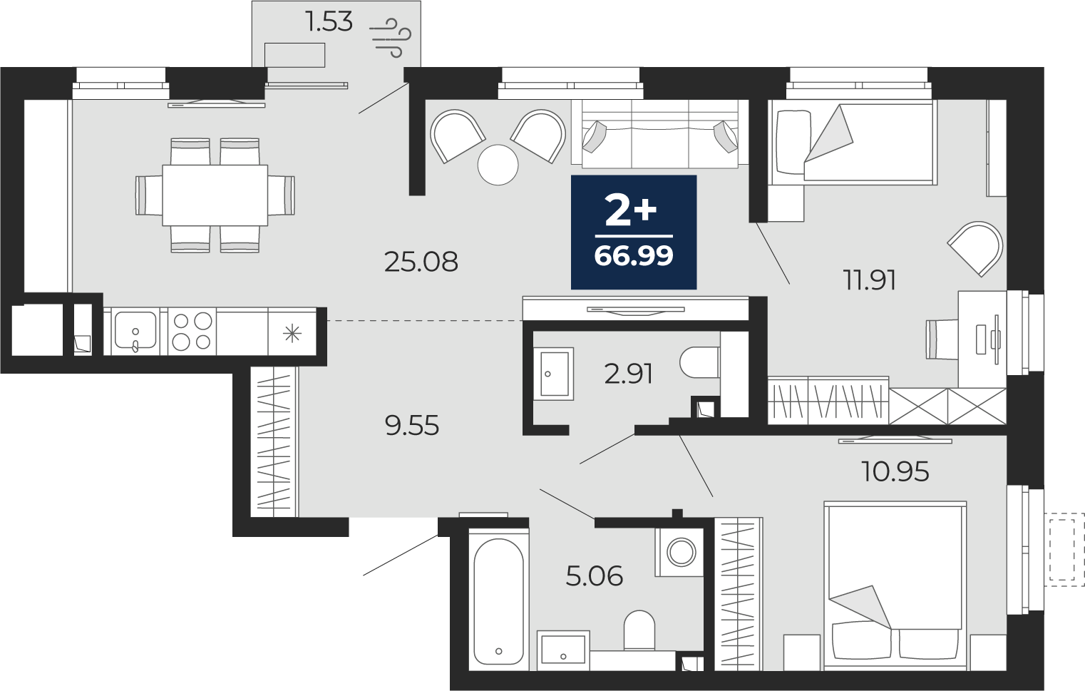 Планировка: Евротрешка 65.5 м² в ЖК Беринг, Лесобаза