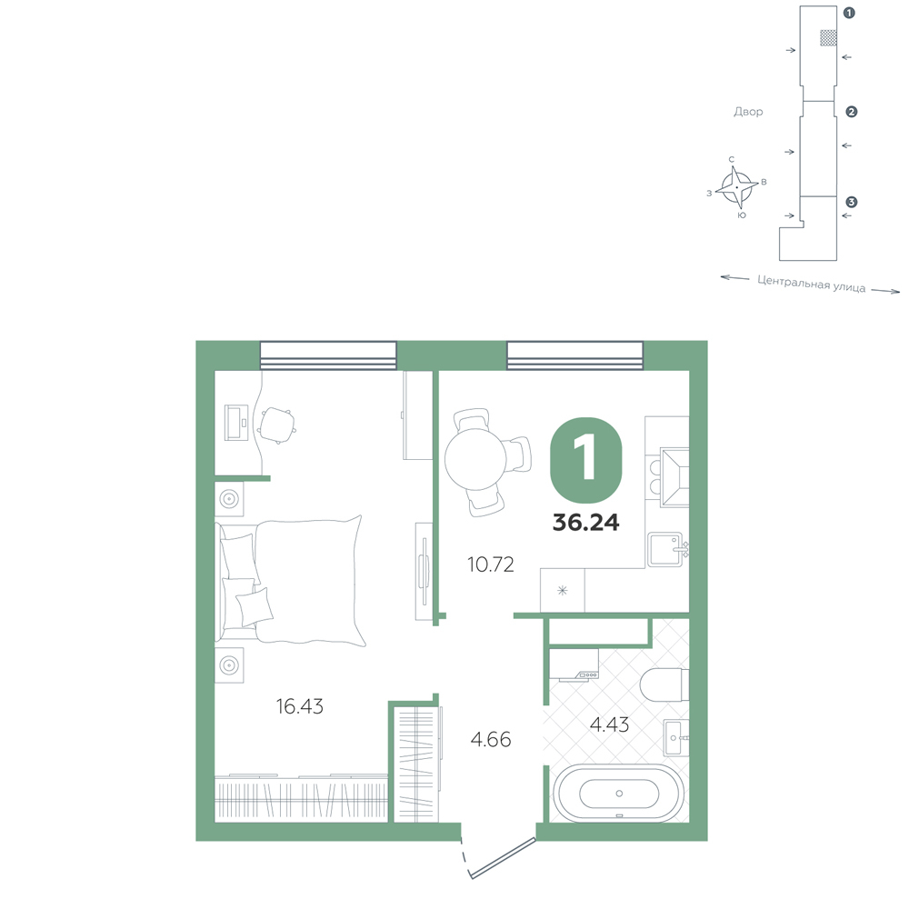 Планировка: 1-комнатная 36.2 м² в ЖК Крылья, Область