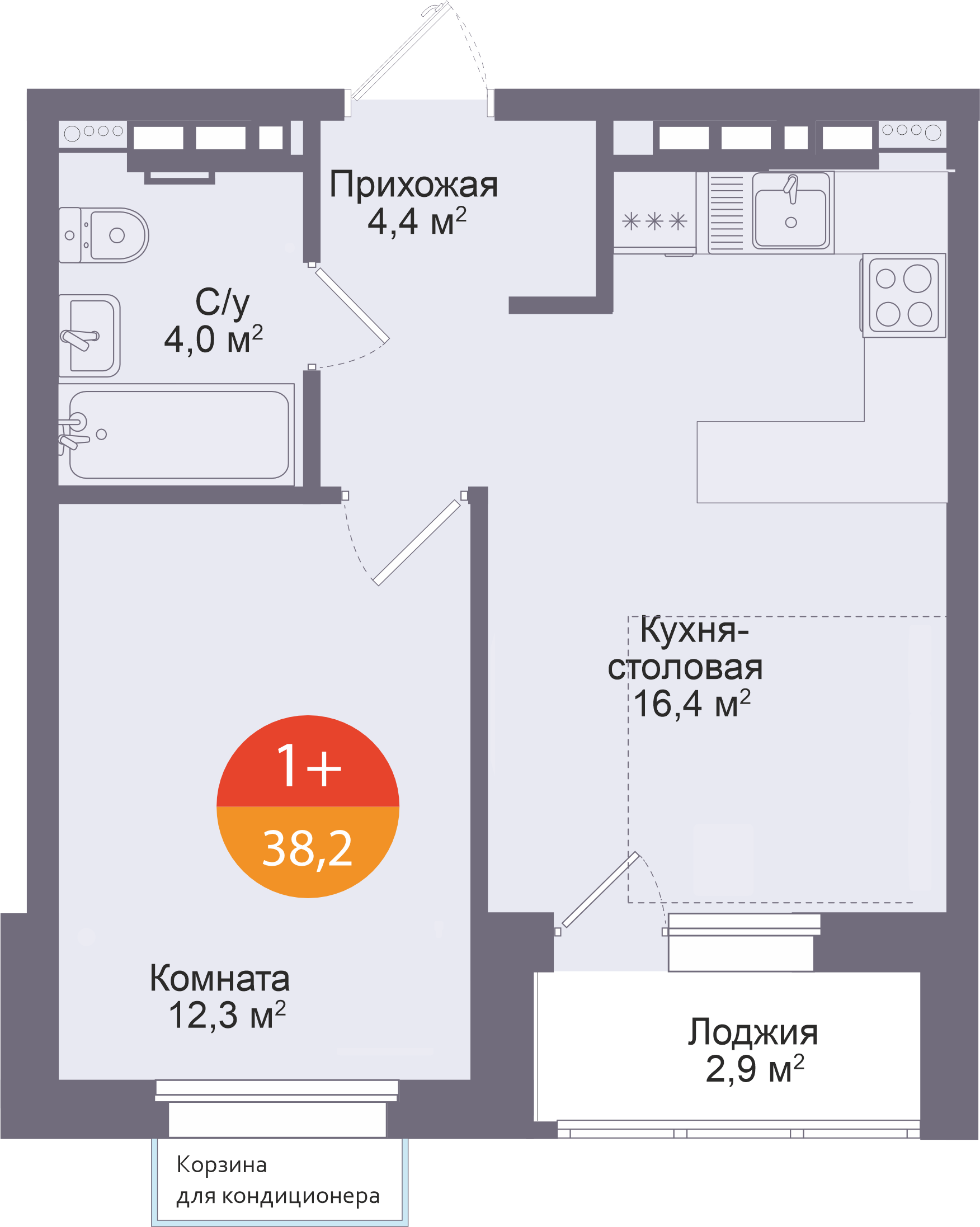 Планировка: Евродвушка 38.2 м² в ЖК Восход, Матмасы