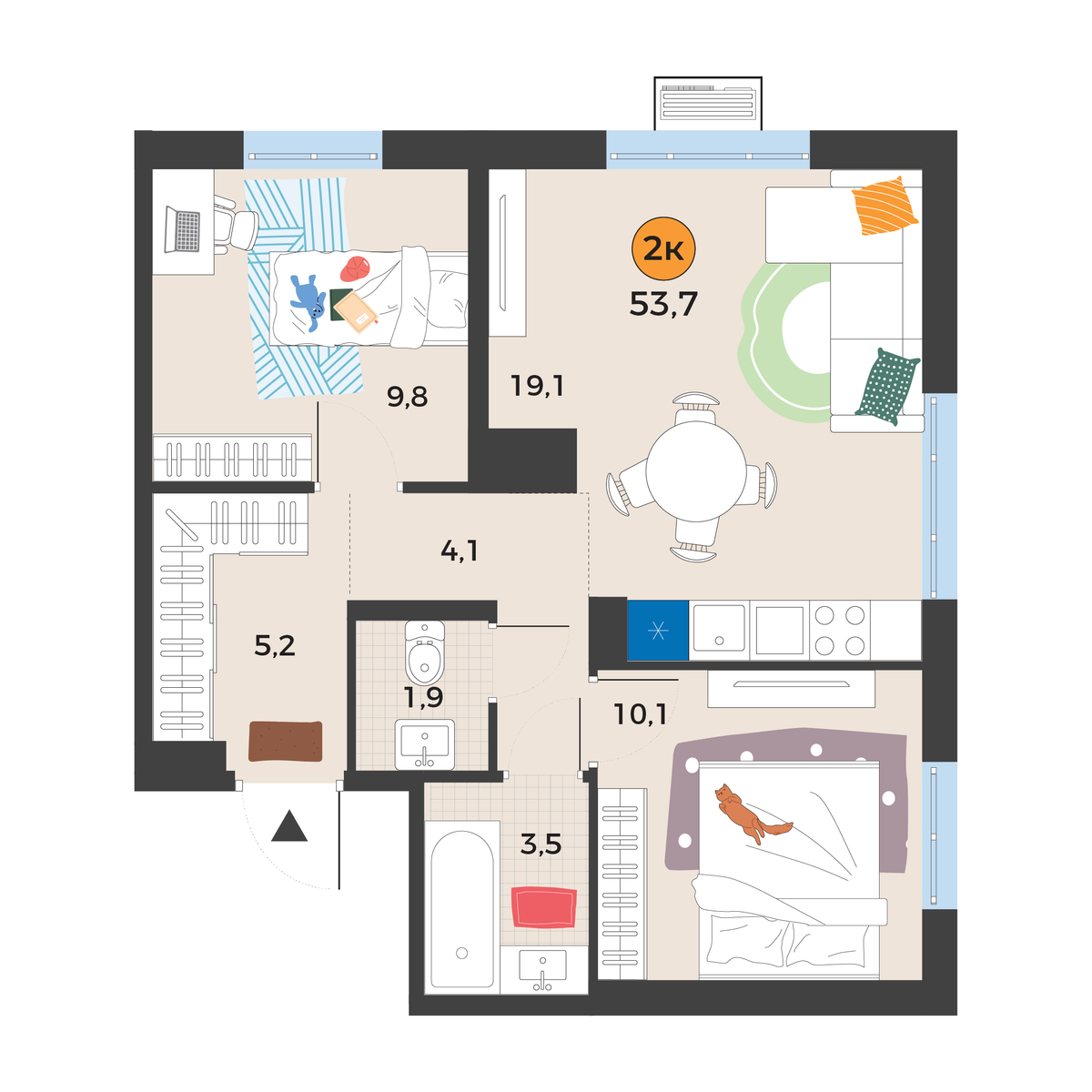 Планировка: Евротрешка 53.7 м² в ЖК Корней, Южный