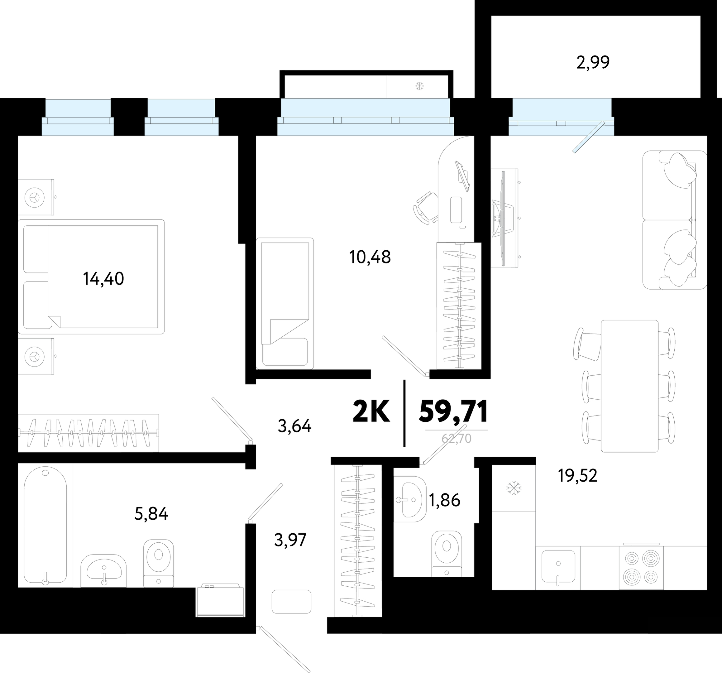 Планировка: Евротрешка 59.7 м² в ЖК Символ, Комарово Парк