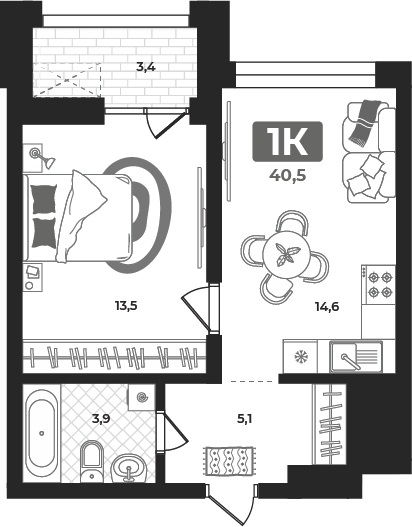Планировка: Евродвушка 40.4 м² в ЖК Маэстро, 5-й Заречный