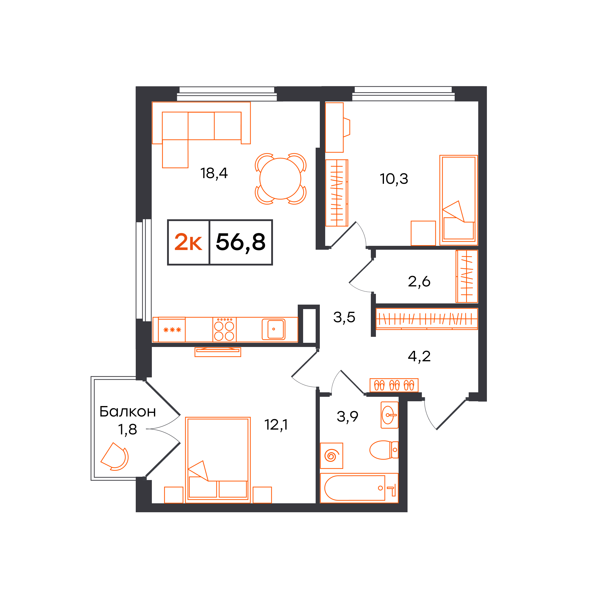 Планировка: Евротрешка 56.8 м² в ЖК Отличие, Комарово Парк