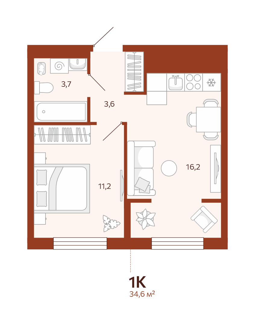 Планировка: Евродвушка 34.6 м² в ЖК Новатор, Центр: КПД
