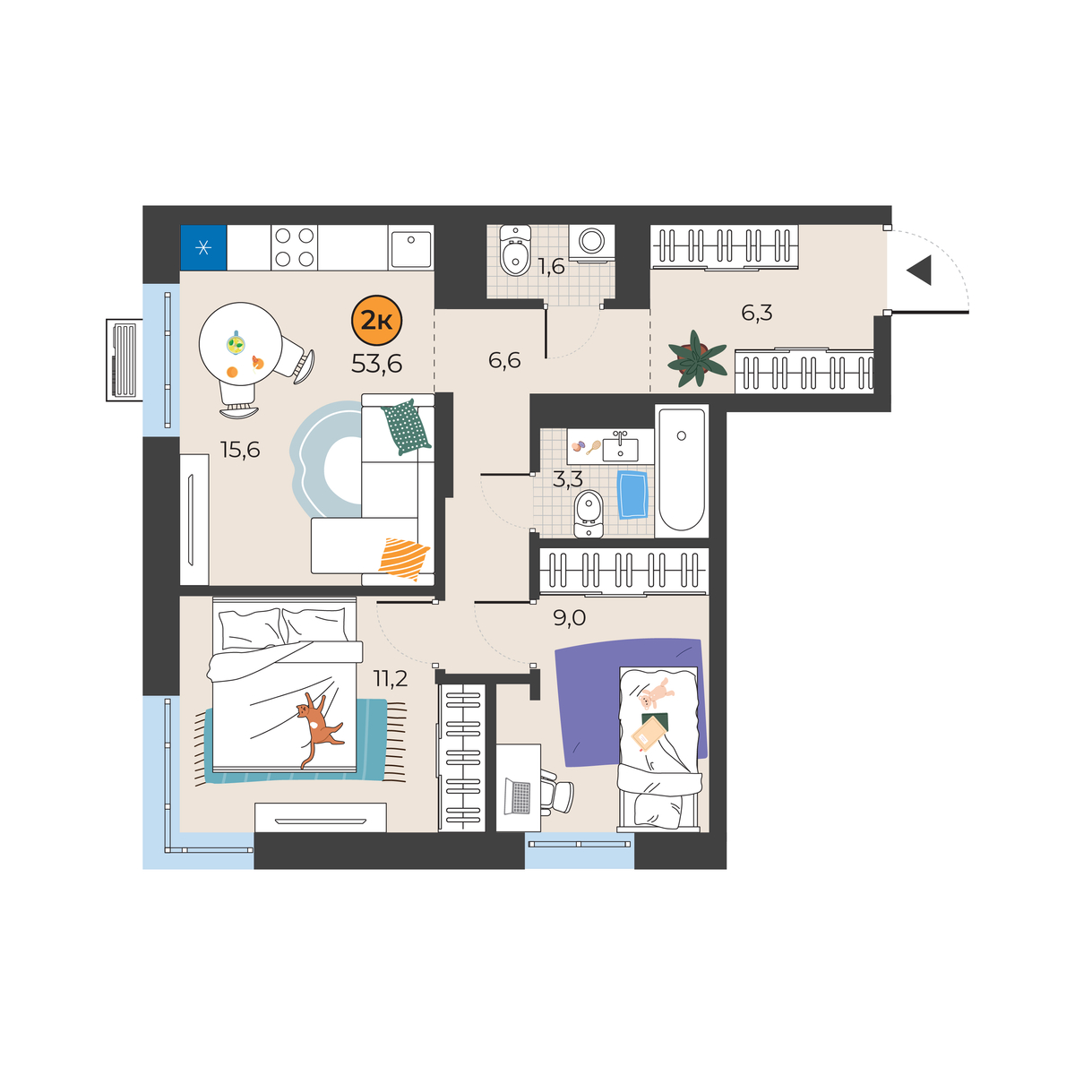 Планировка: Евротрешка 53.6 м² в ЖК Корней, Южный