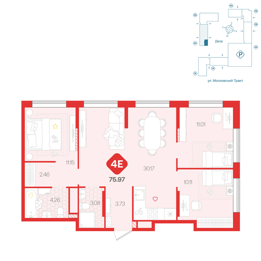 Планировка: 4-комнатная евро 76 м² в ЖК Сибирский, Московский тракт