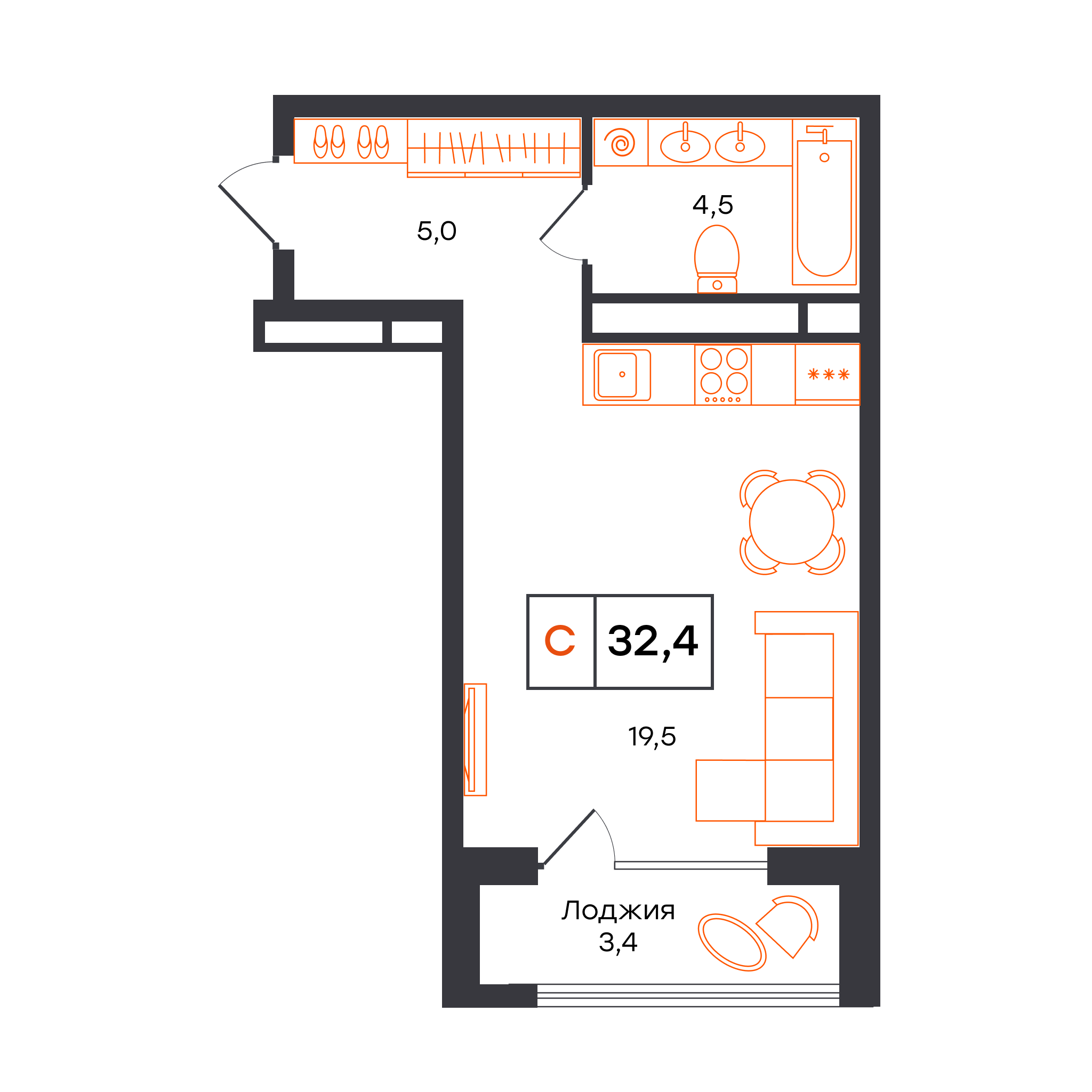 Планировка: Студия 32.4 м² в ЖК Чемпионский, Чемпионский