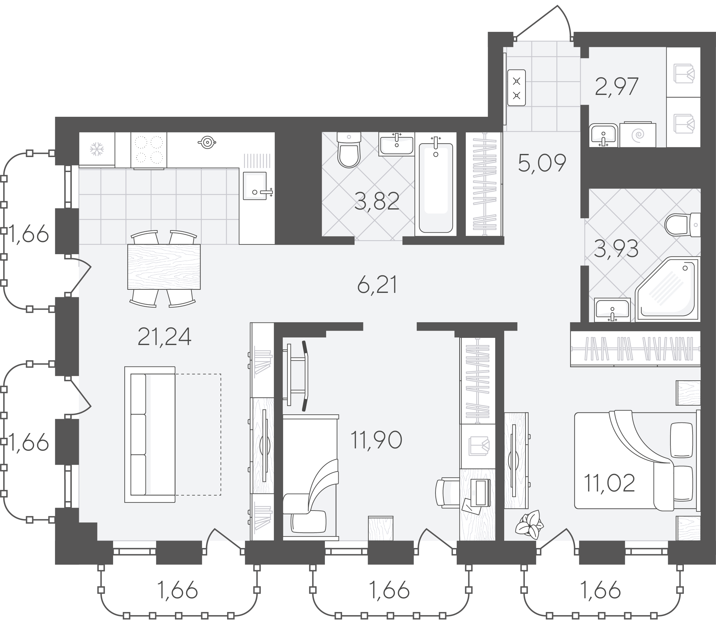 Планировка: Евротрешка 74.5 м² в ЖК Скандиа. Квартал в Слободе, Тюменская слобода