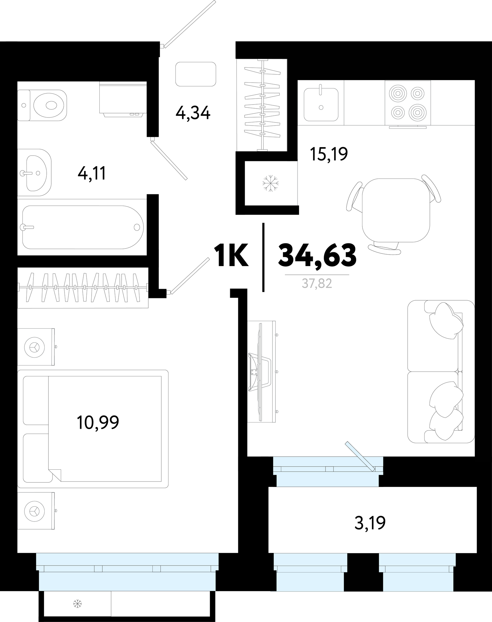 Планировка: Евродвушка 34.6 м² в ЖК Символ, Комарово Парк