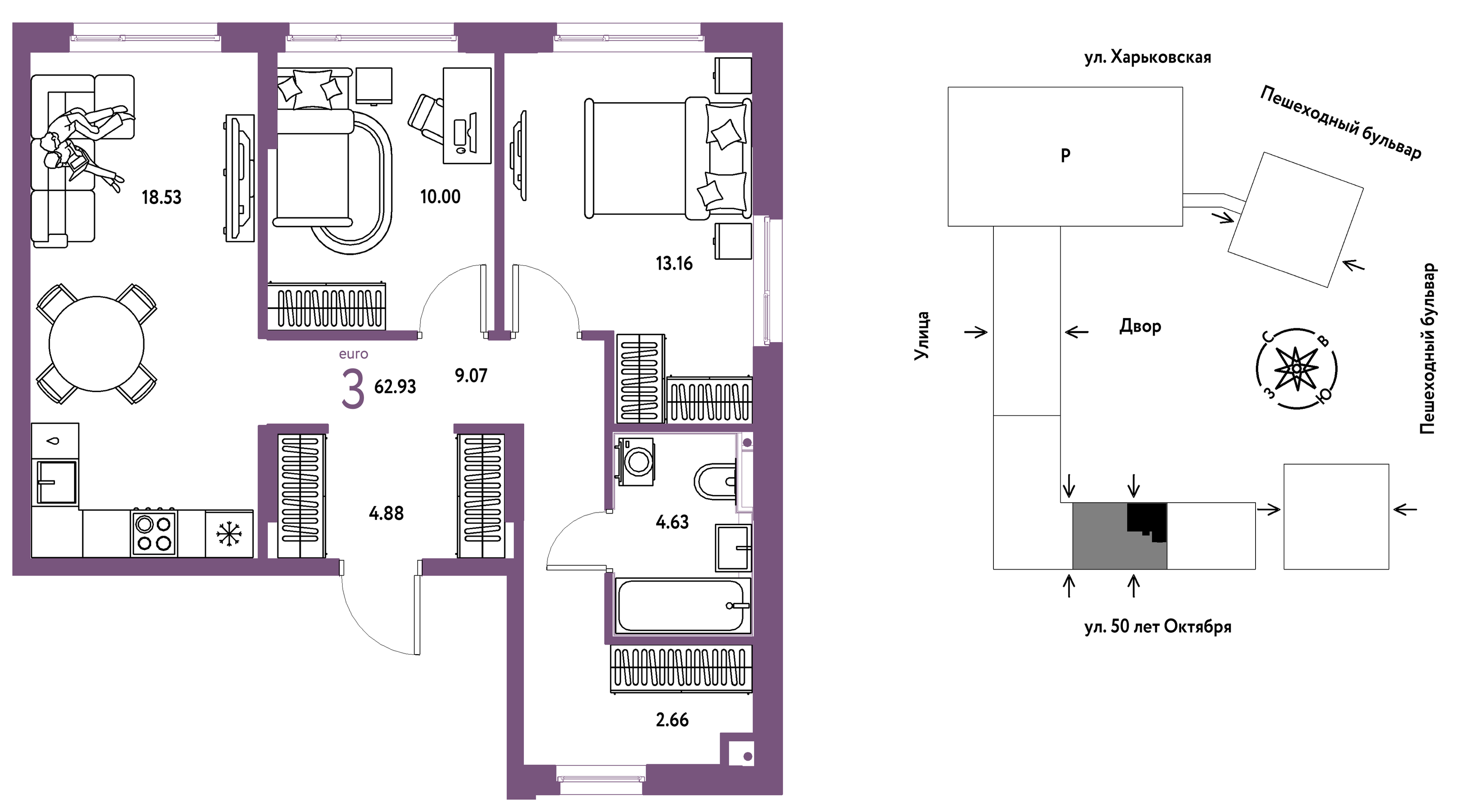 Планировка: Евротрешка 62.9 м² в ЖК Сердце Сибири, Центр: КПД