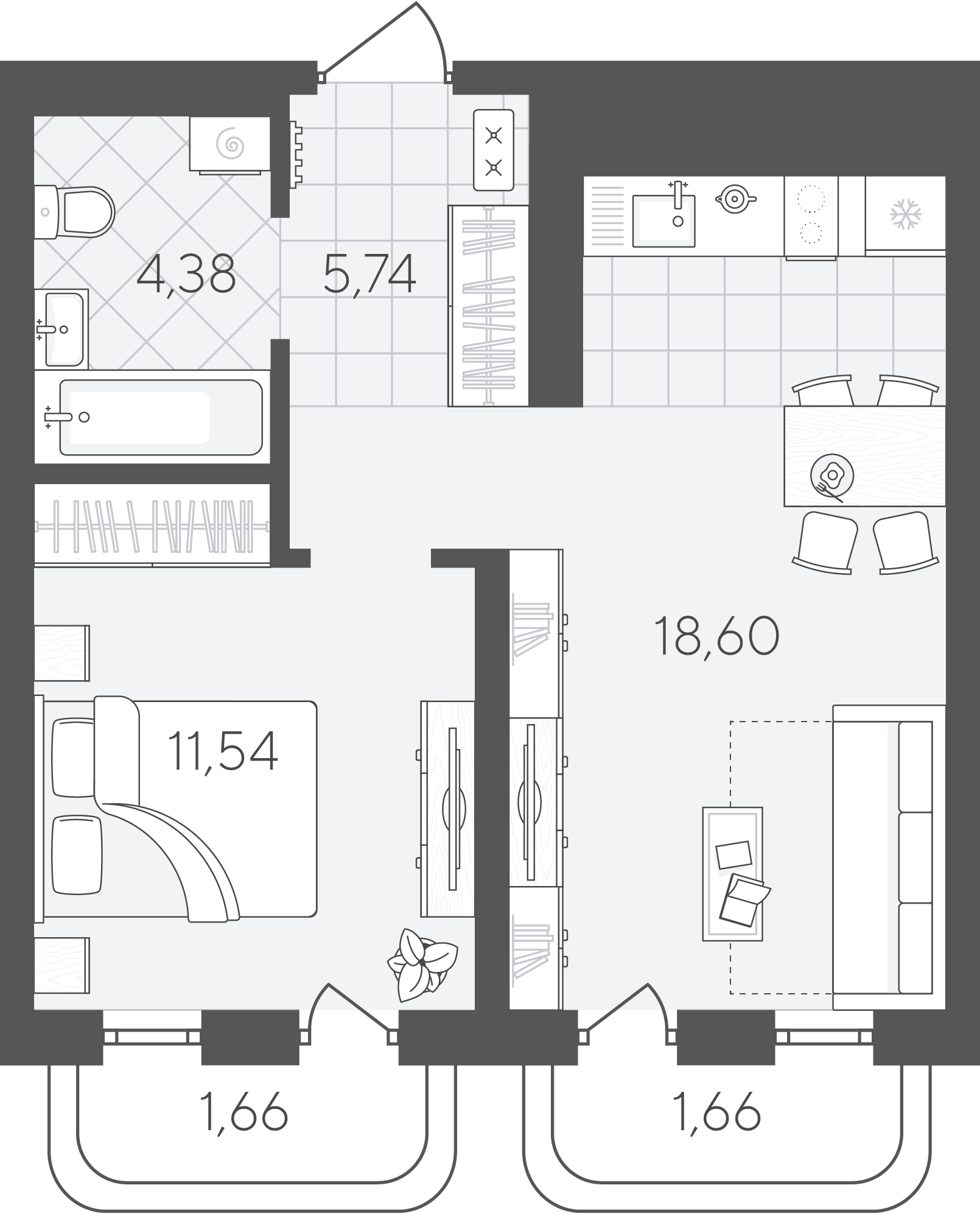 Планировка: Евродвушка 43.6 м² в ЖК Скандиа. Квартал в Слободе, Тюменская слобода