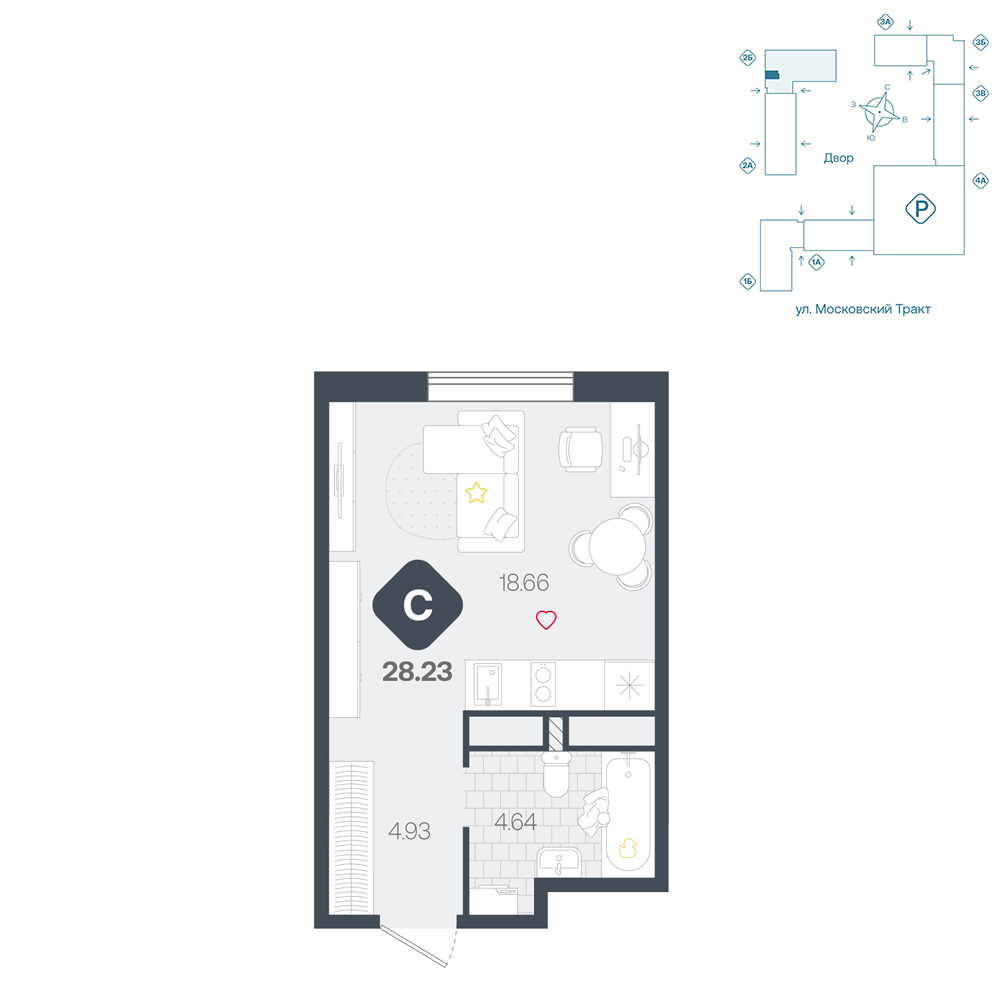 Планировка: Студия 28.2 м² в ЖК Сибирский, Московский тракт