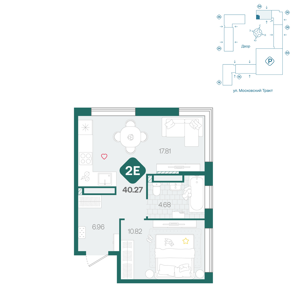 Планировка: Евродвушка 40.3 м² в ЖК Сибирский, Московский тракт