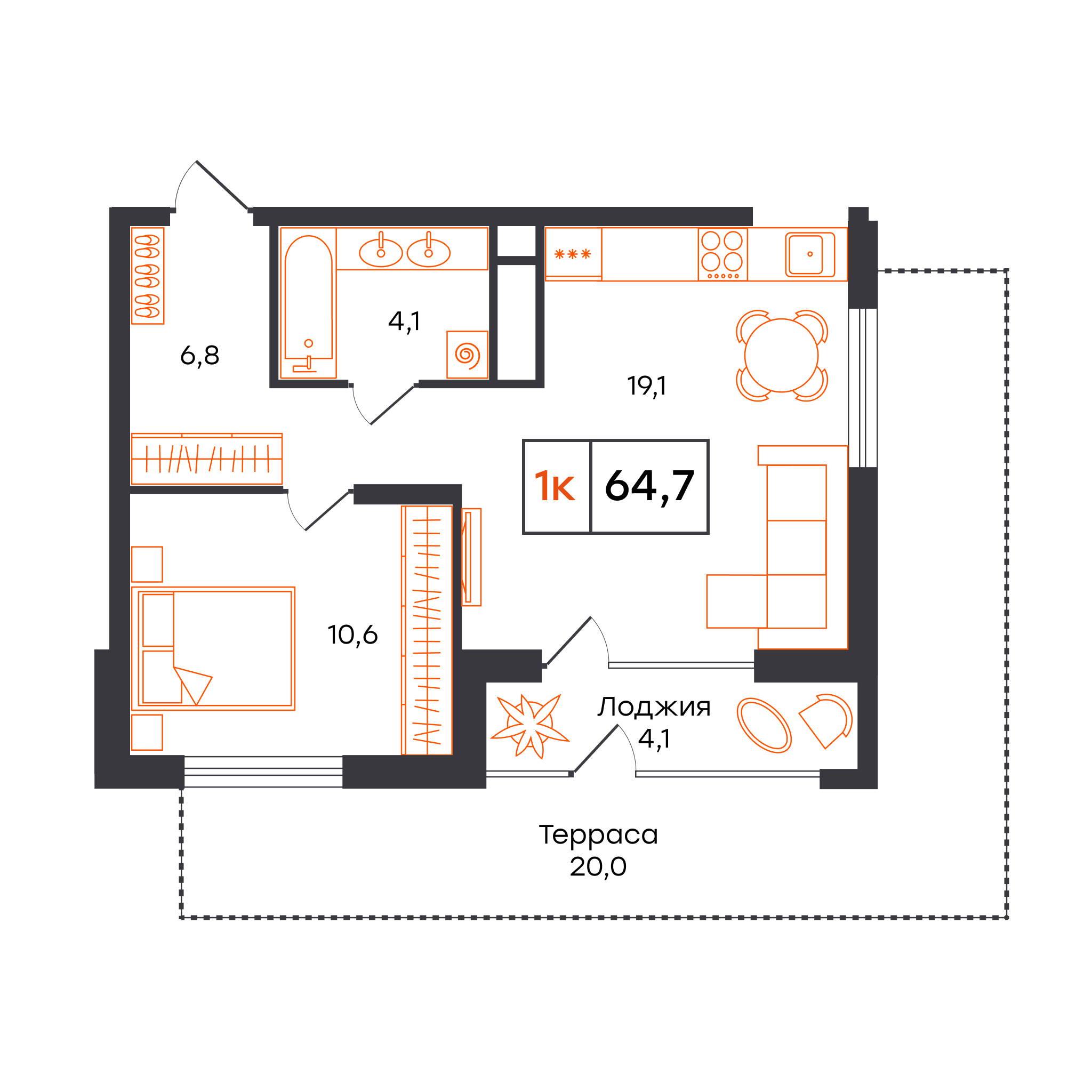 Планировка: Евродвушка 64.7 м² в ЖК Чемпионский, Чемпионский