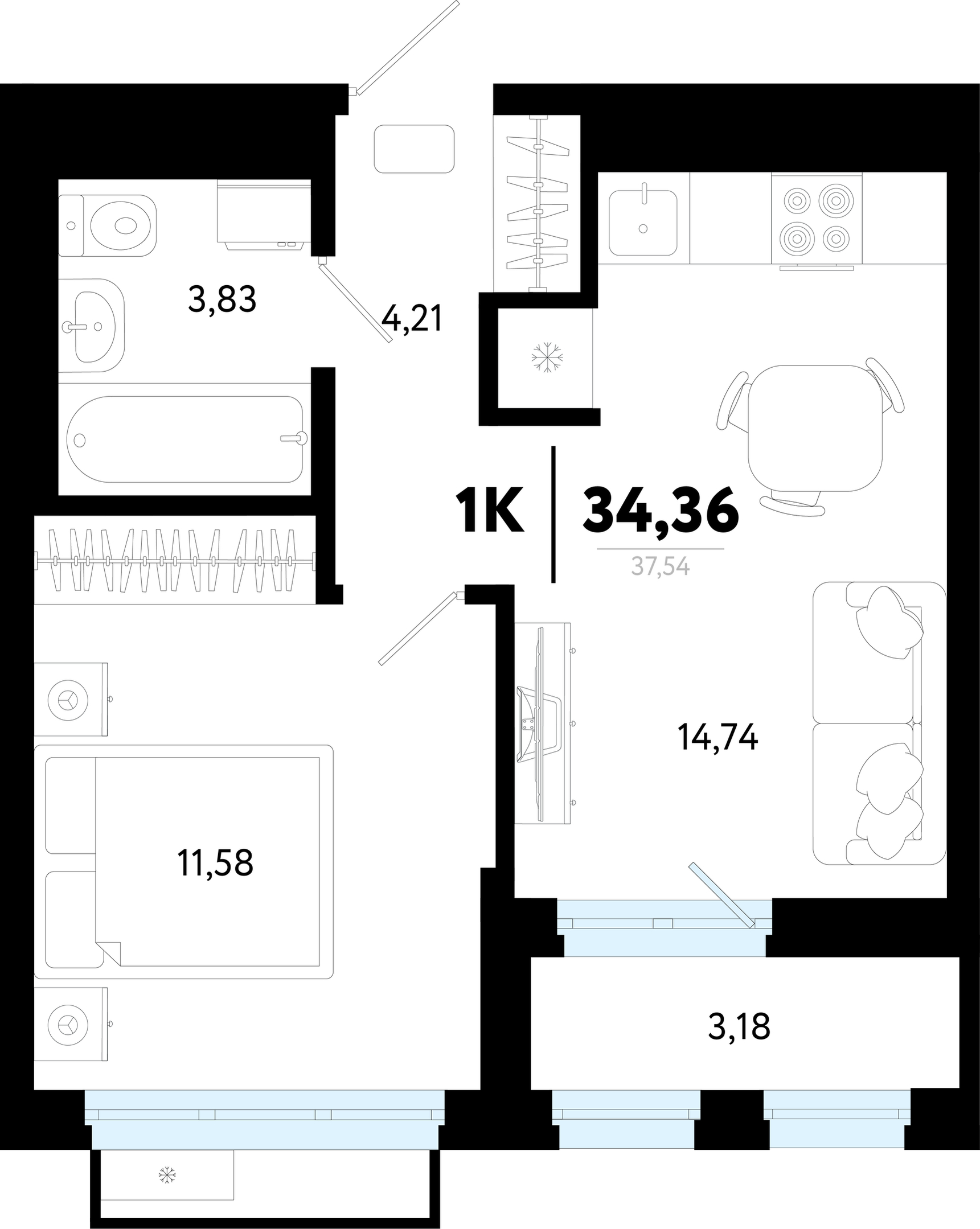 Планировка: Евродвушка 34.4 м² в ЖК Символ, Комарово Парк