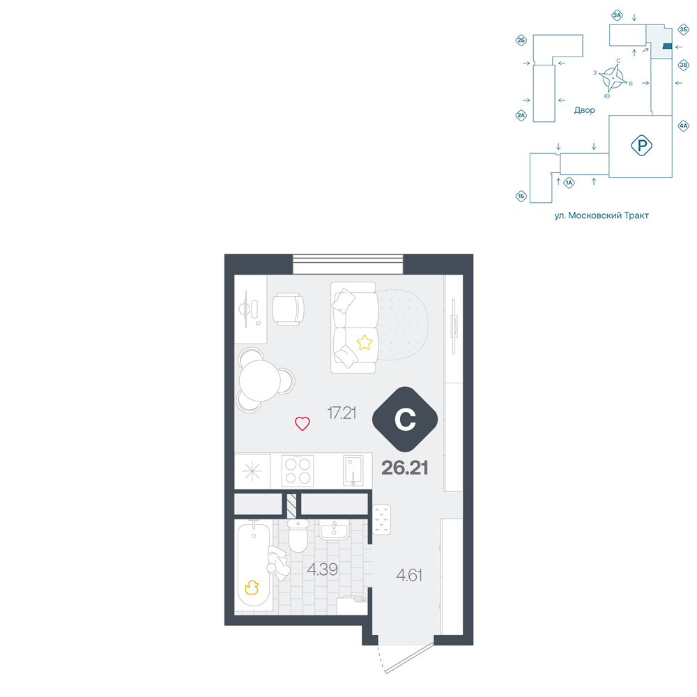 Планировка: Студия 26.2 м² в ЖК Сибирский, Московский тракт