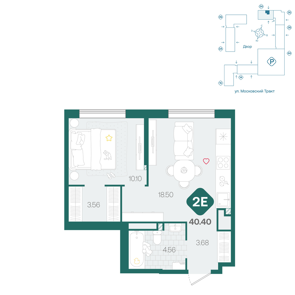 Планировка: Евродвушка 40.4 м² в ЖК Сибирский, Московский тракт