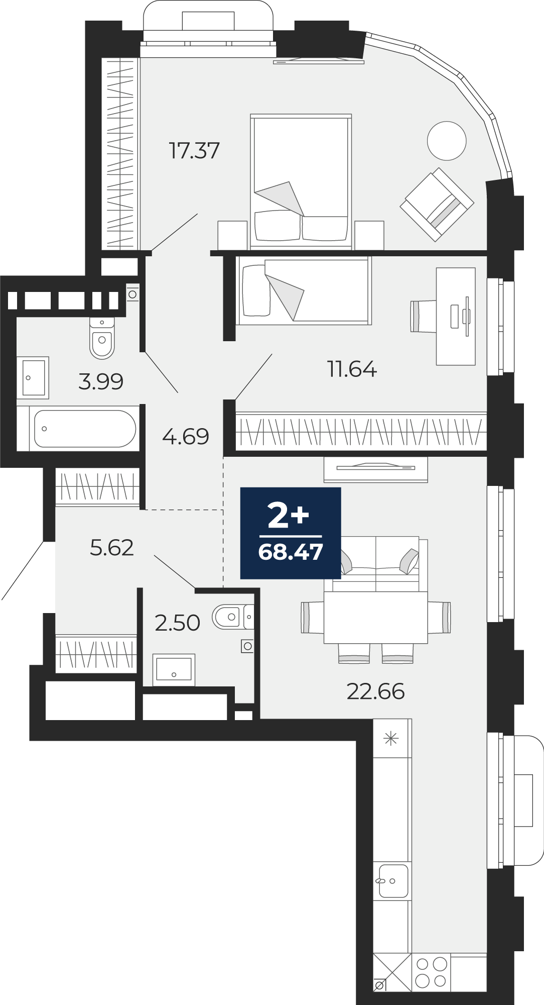 Планировка: Евротрешка 68.5 м² в ЖК Айвазовский, 5-й Заречный