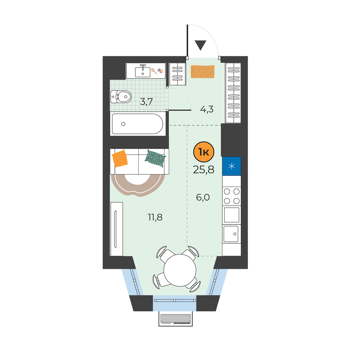 Планировка: Студия 25.8 м² в ЖК Корней, Южный