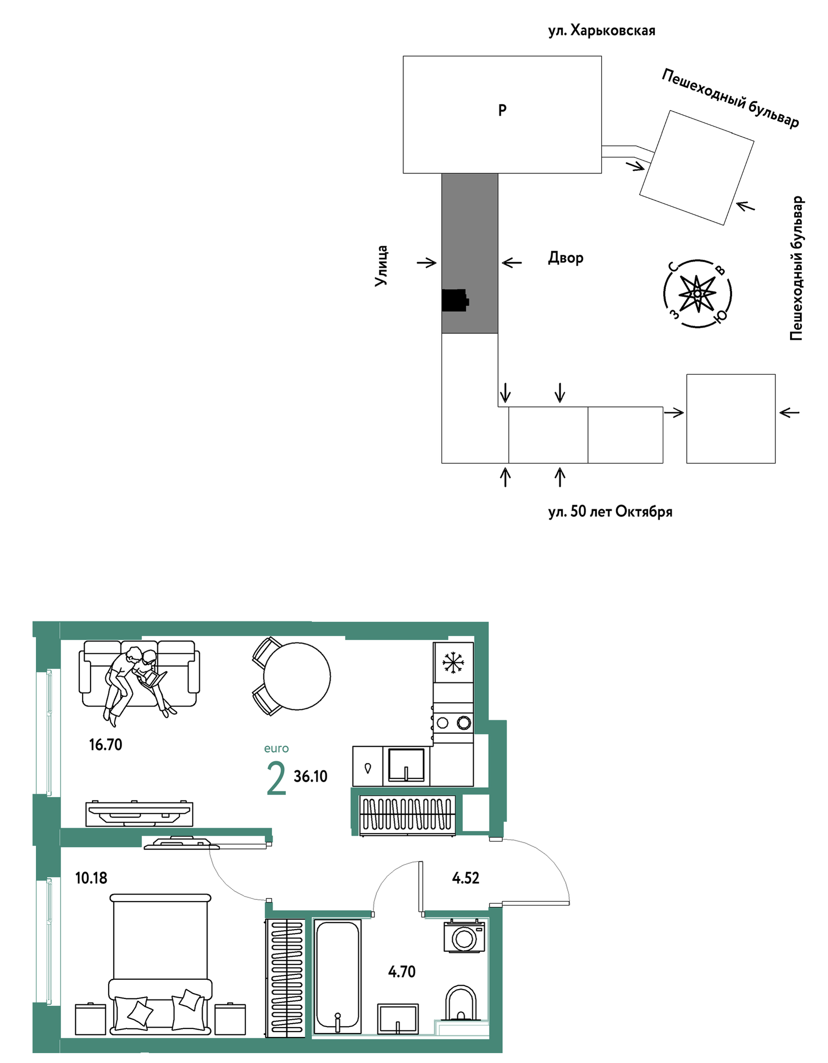 Планировка: Евродвушка 36.1 м² в ЖК Сердце Сибири, Центр: КПД