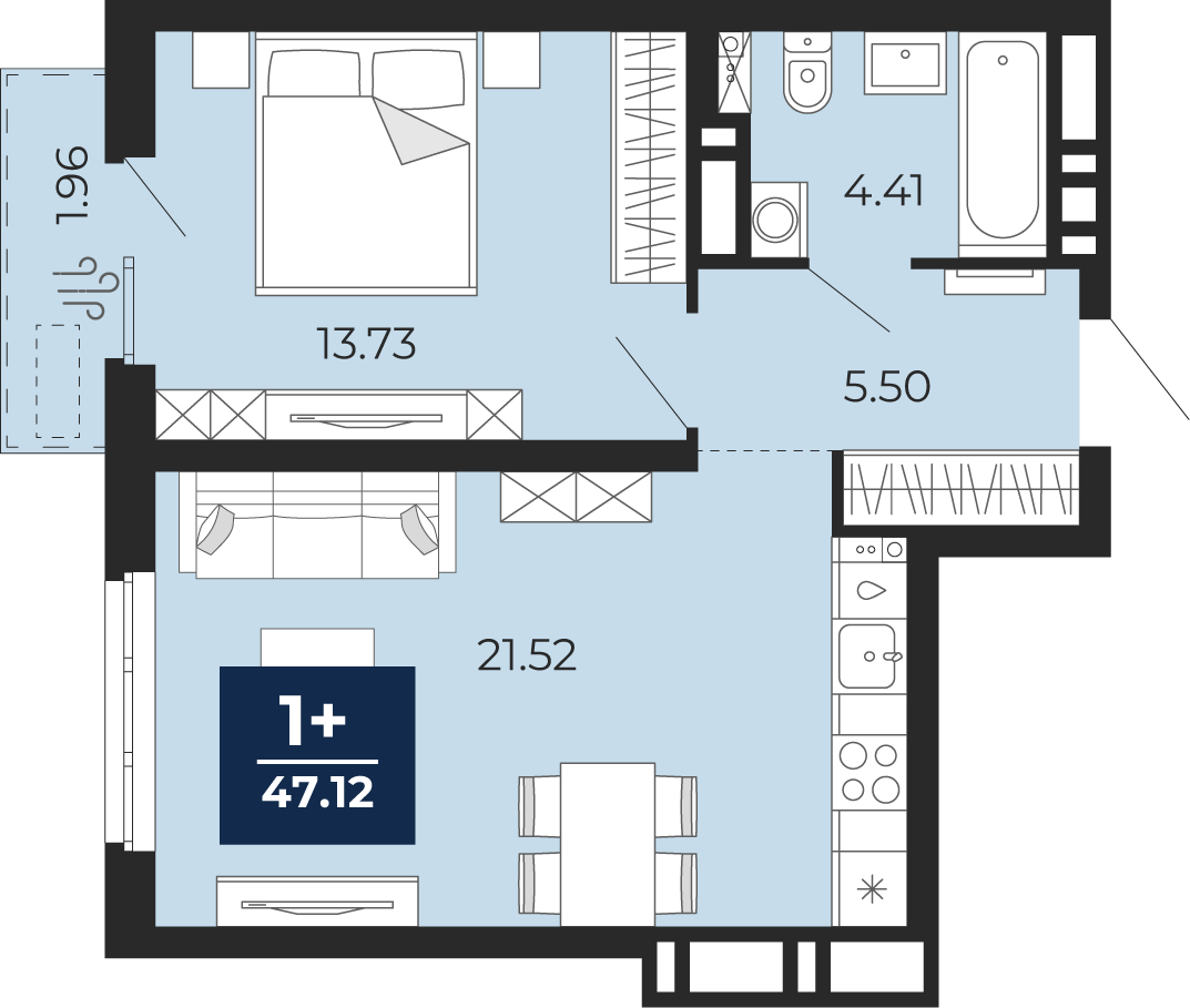 Планировка: Евродвушка 45.2 м² в ЖК Мириады, Мыс