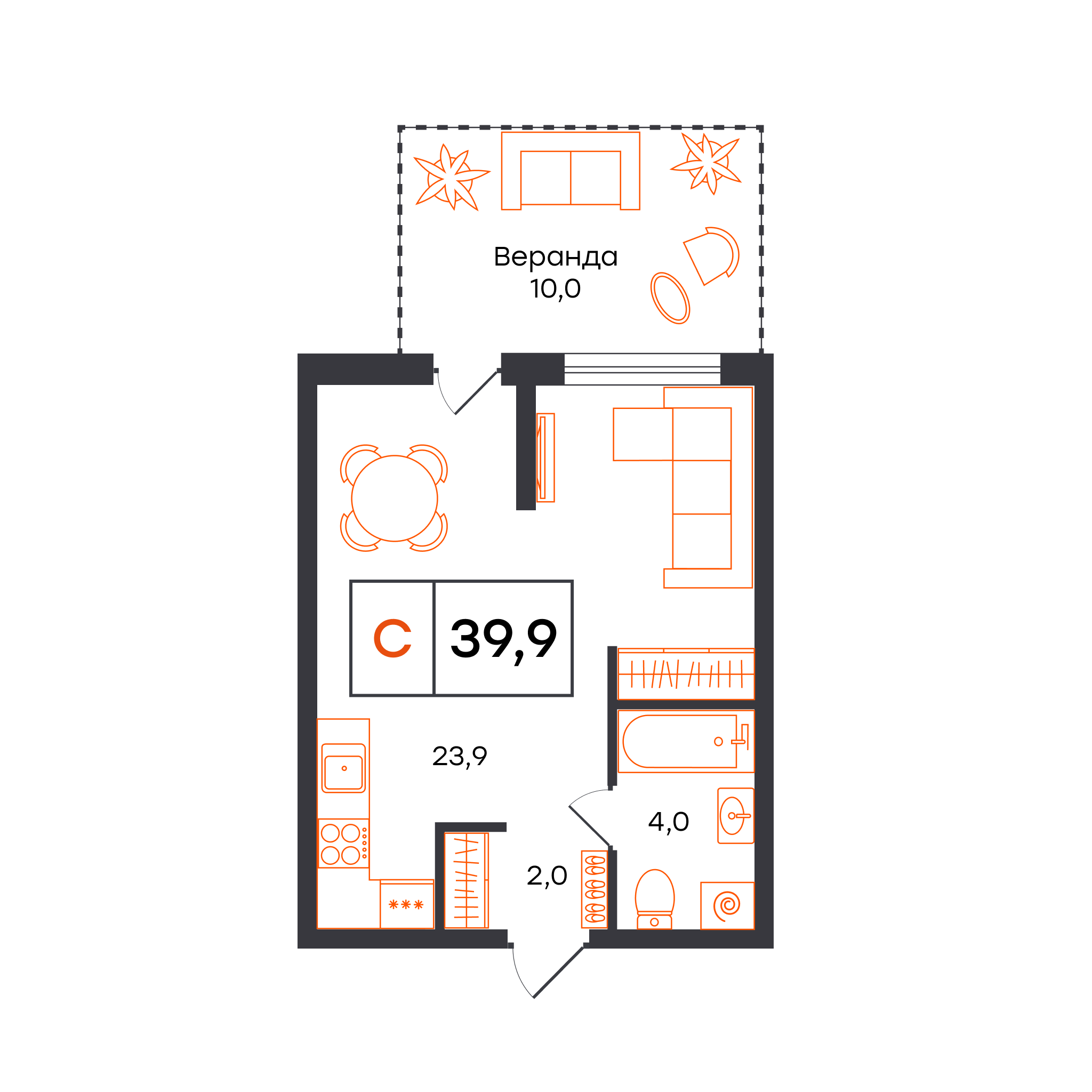 Планировка: Студия 39.9 м² в ЖК Чемпионский, Чемпионский
