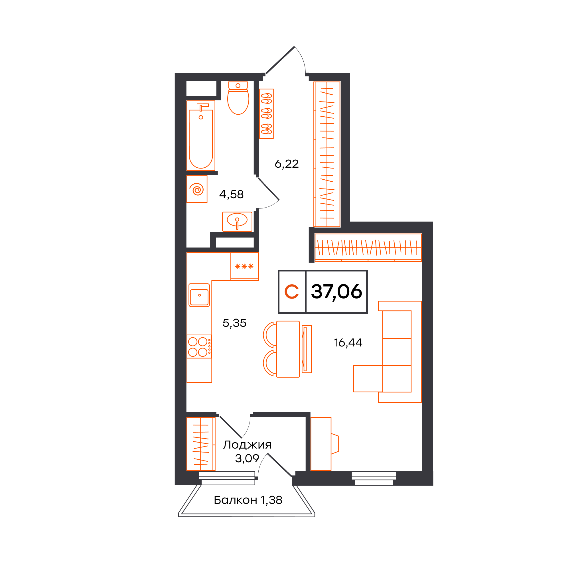 Планировка: Студия 37.1 м² в ЖК Отличие, Комарово Парк