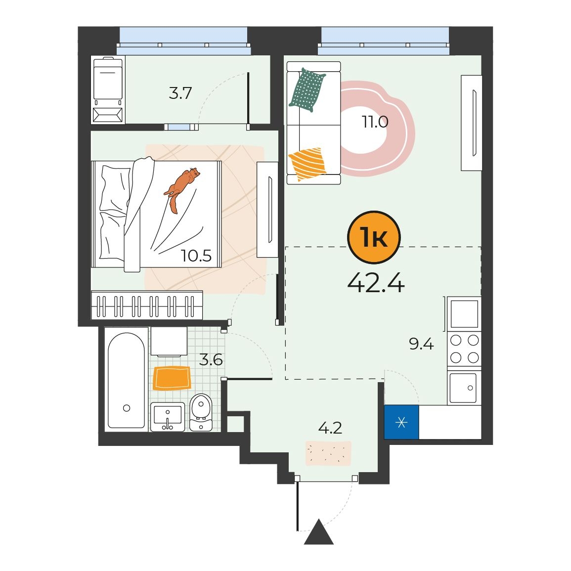 Планировка: Евродвушка 42.4 м² в ЖК Корней, Южный
