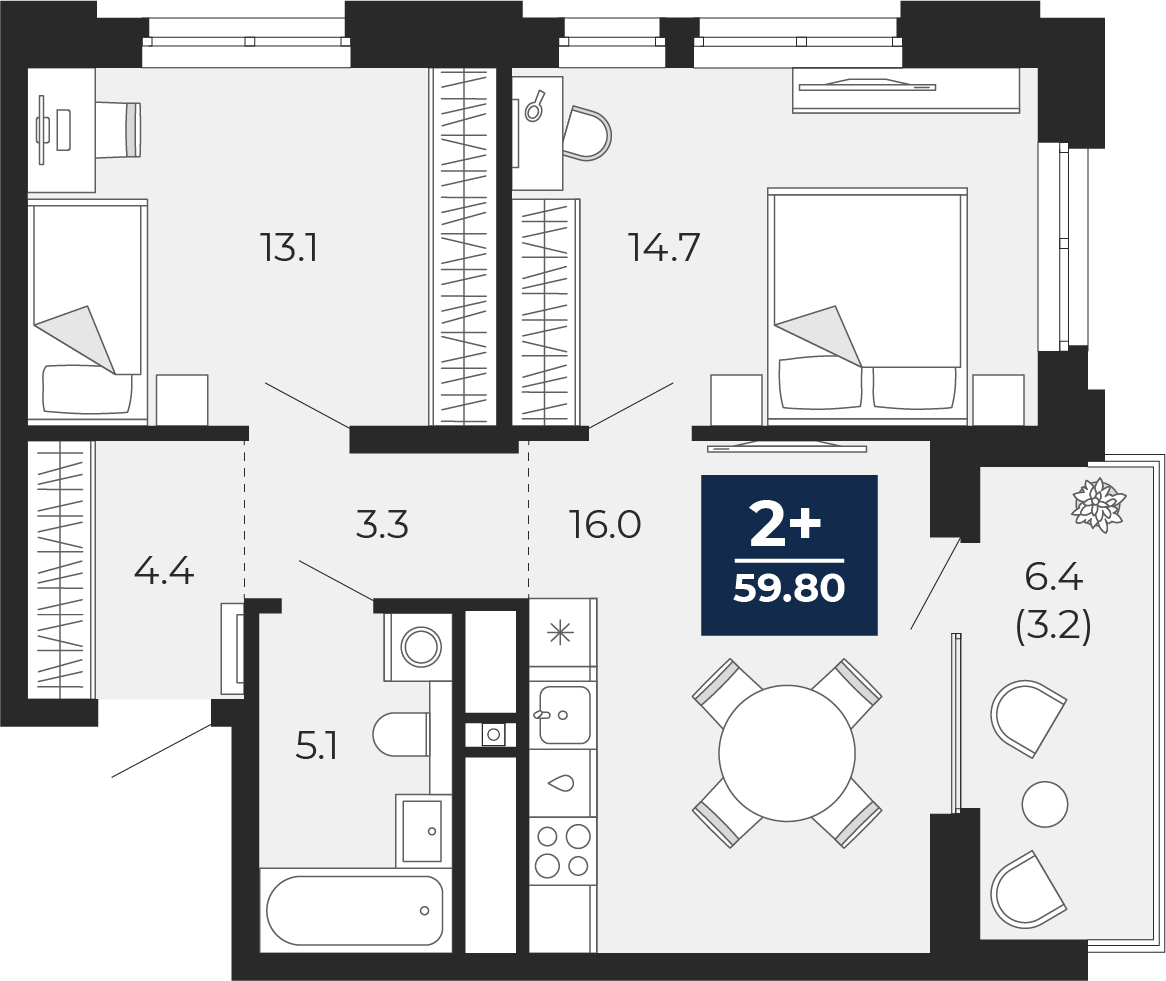 Планировка: Евротрешка 56.6 м² в ЖК Мириады, Мыс