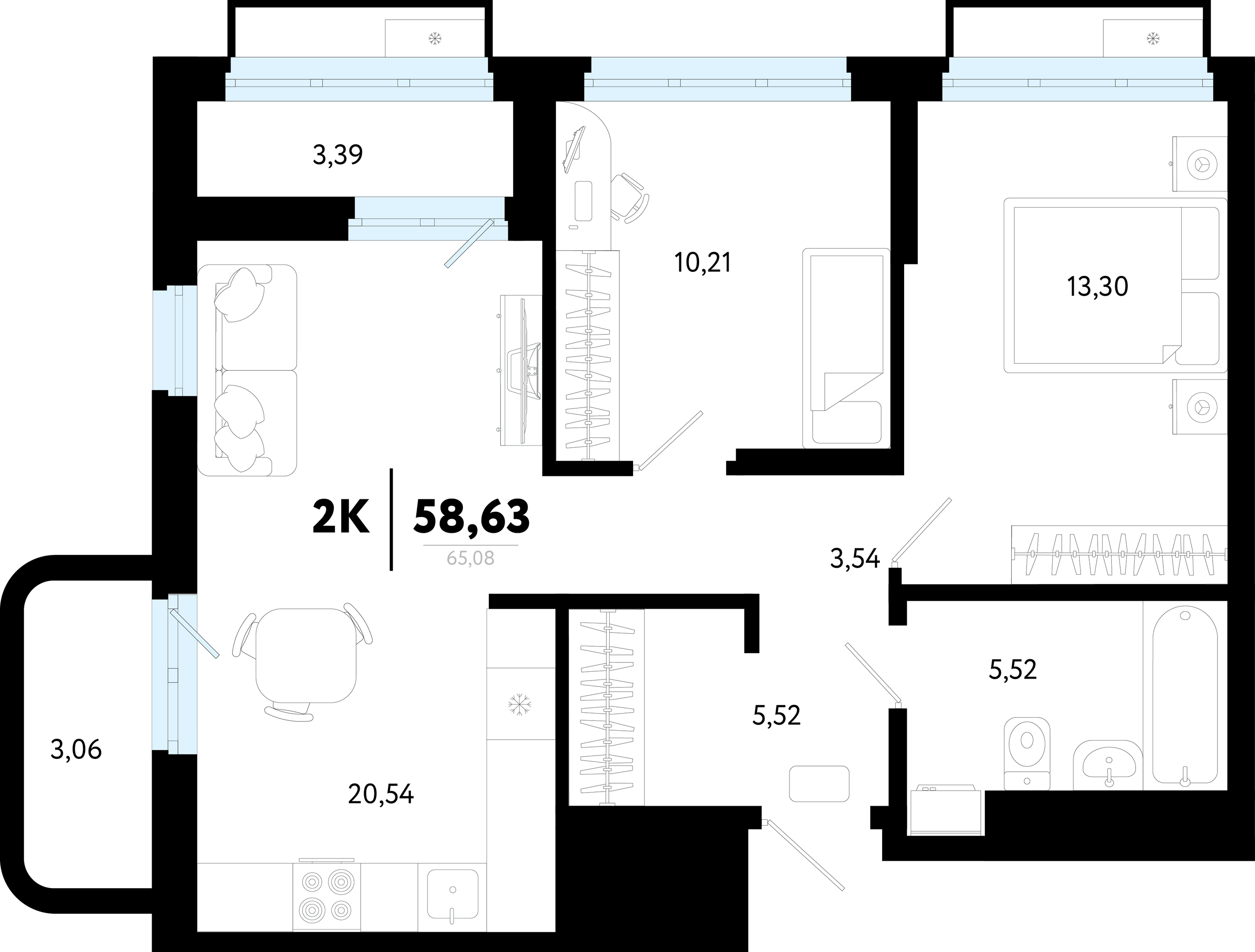 Планировка: Евротрешка 58.6 м² в ЖК Символ, Комарово Парк