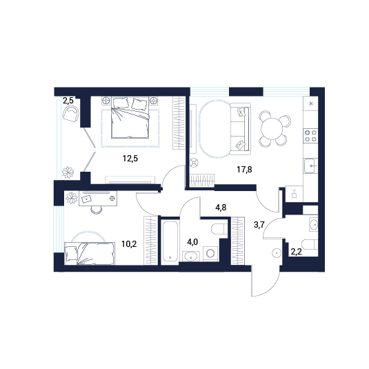 Планировка: Евротрешка 57.7 м² в ЖК AIRIS, Комарово Парк