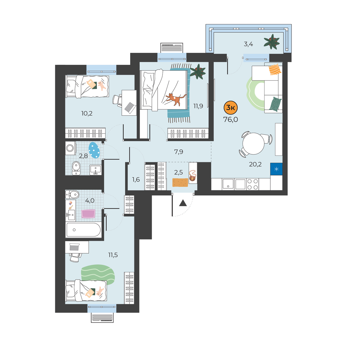 Планировка: 4-комнатная евро 73.6 м² в ЖК Корней, Южный