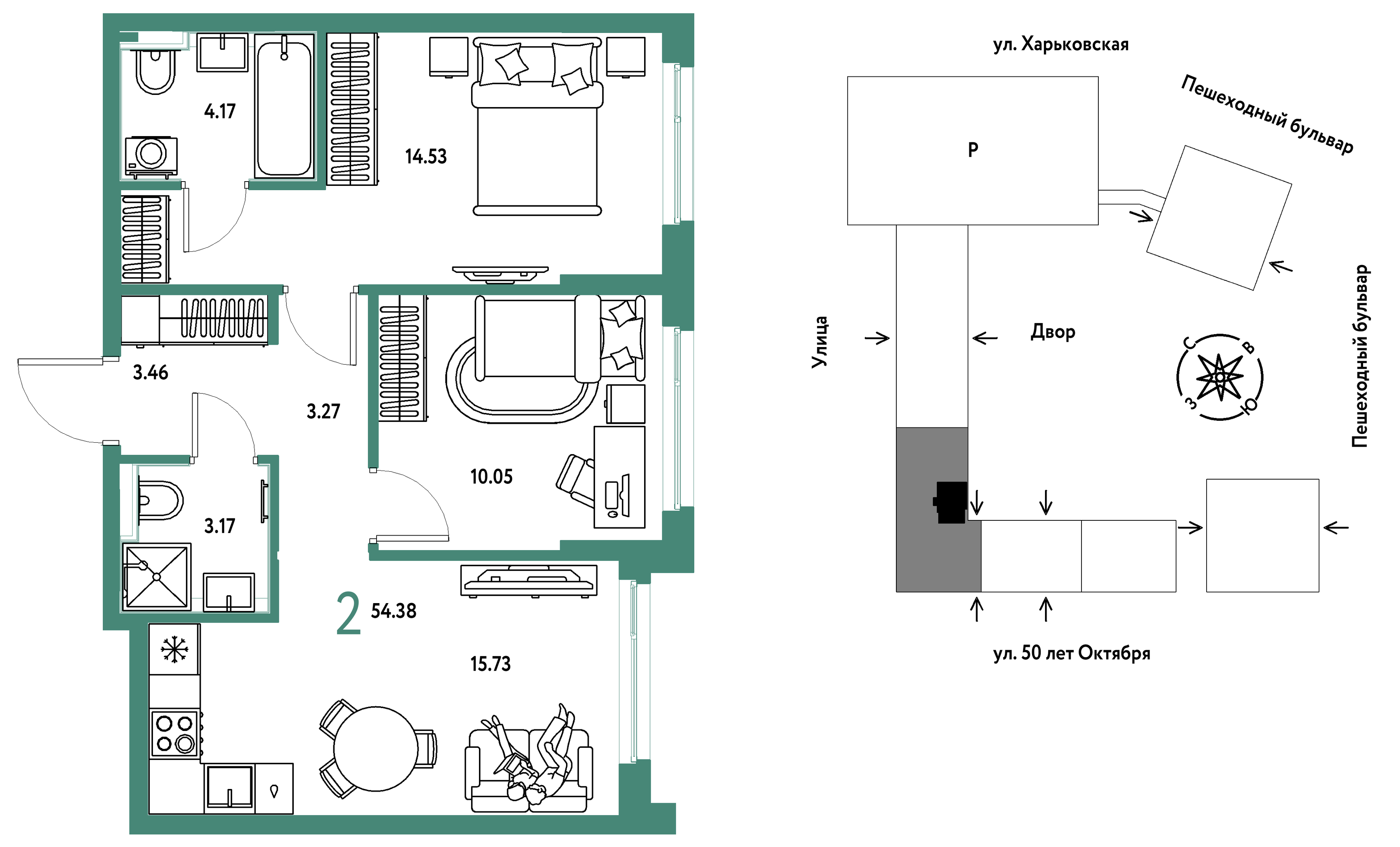 Планировка: Евротрешка 54.4 м² в ЖК Сердце Сибири, Центр: КПД