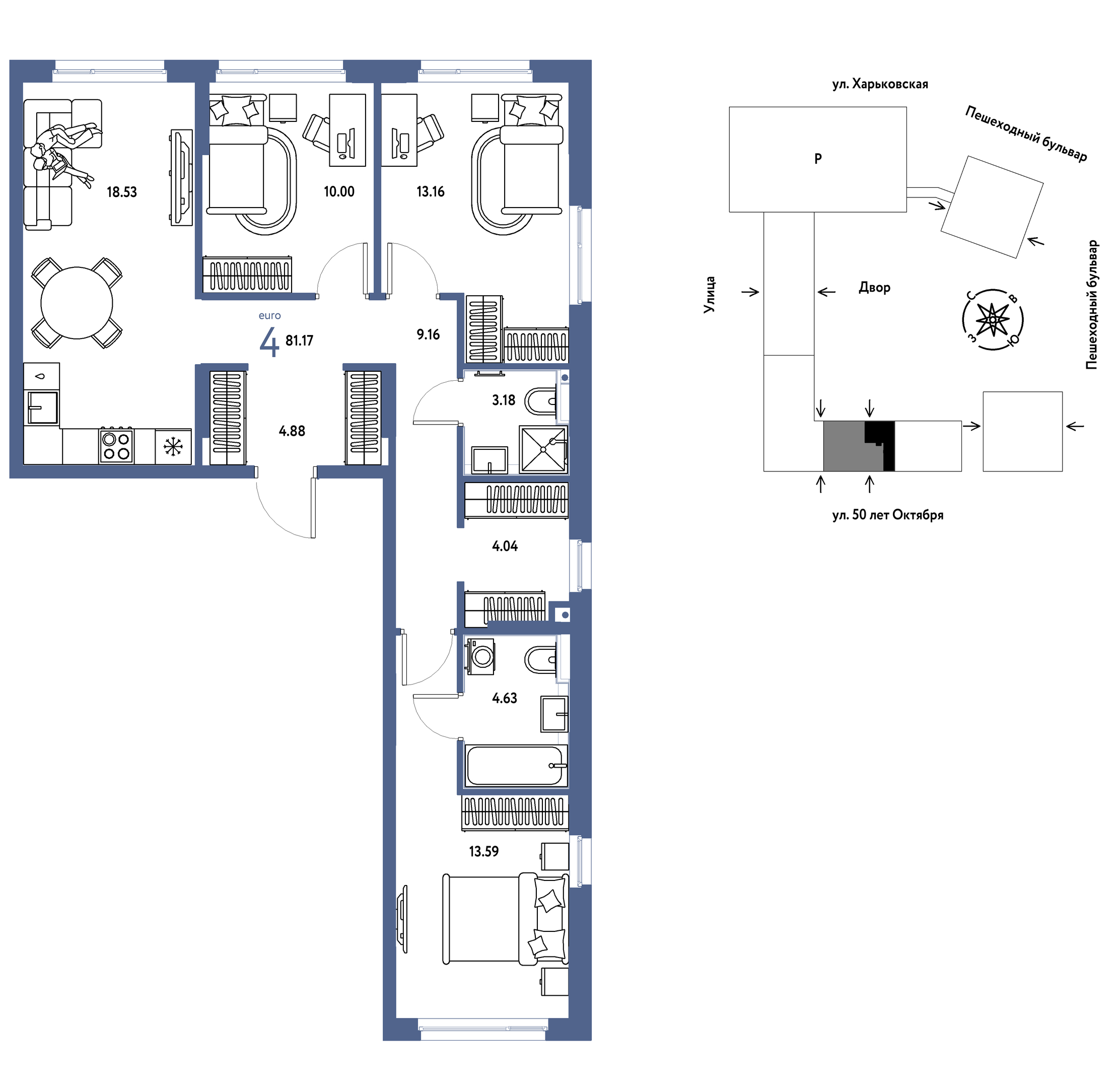 Планировка: 4-комнатная евро 81.2 м² в ЖК Сердце Сибири, Центр: КПД