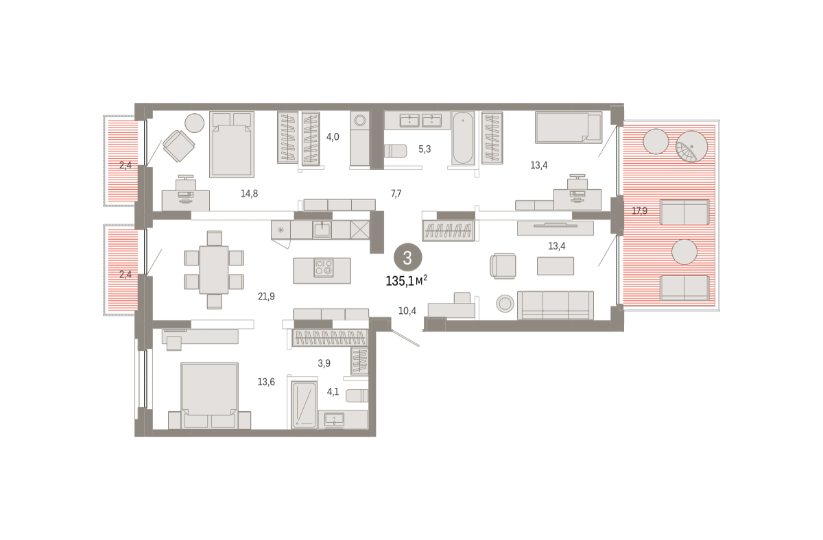 Планировка: 5-комнатная евро 135.1 м² в ЖК Зарека, Заречный
