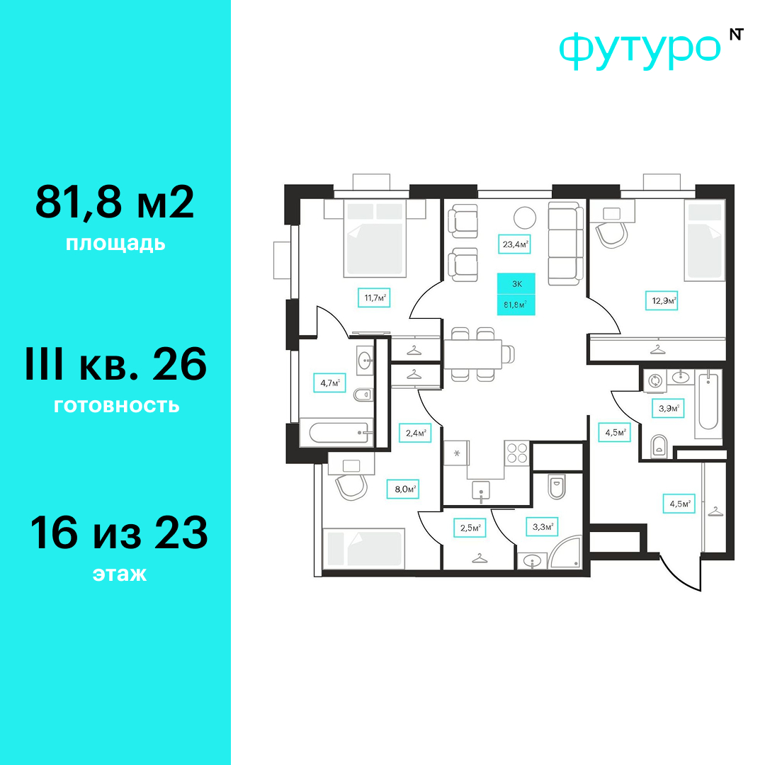 Планировка: 4-комнатная евро 81.8 м² в ЖК Futuro, Червишевский тракт