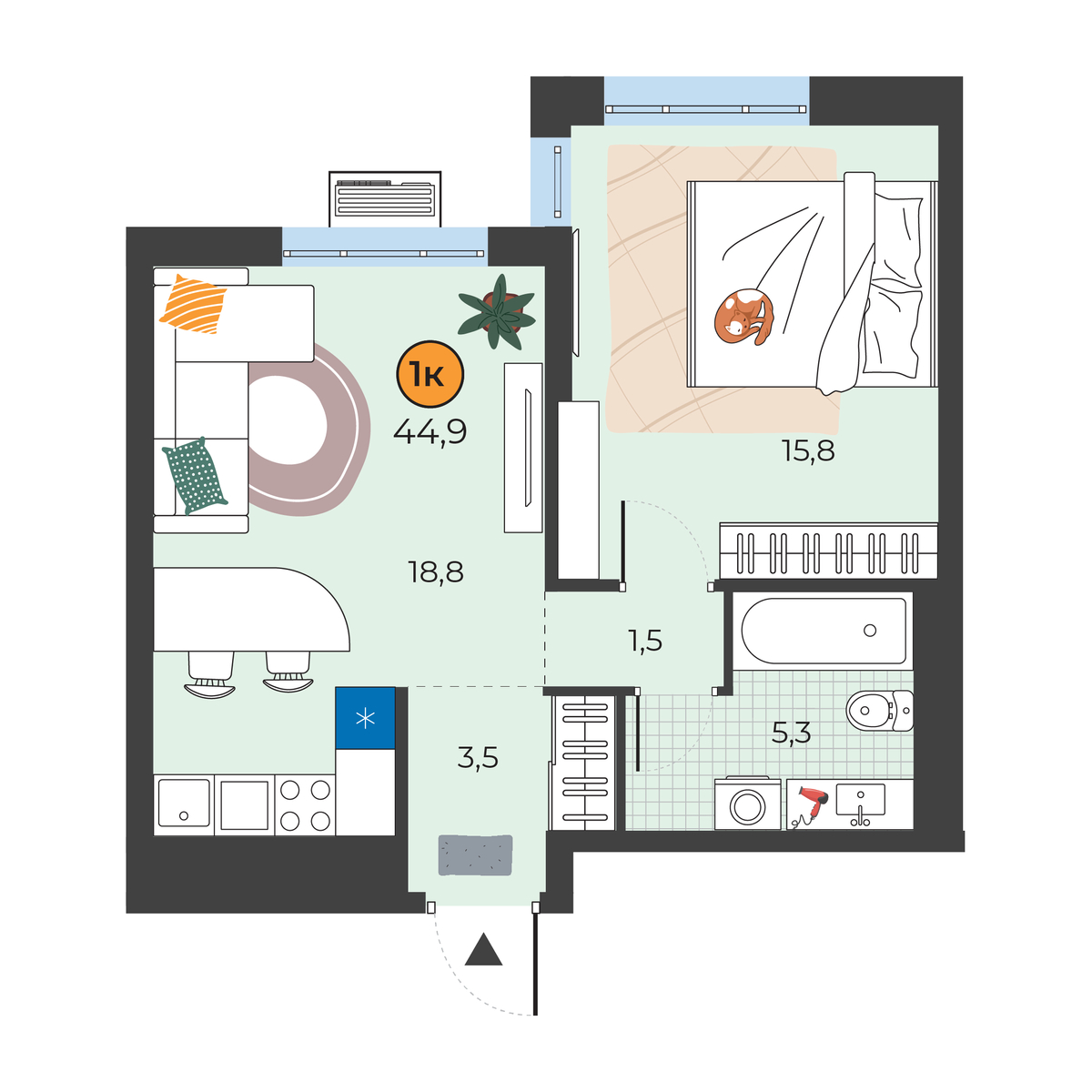 Планировка: Евродвушка 44.9 м² в ЖК Корней, Южный