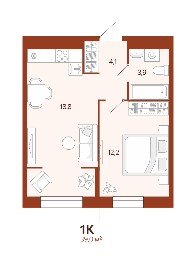 Планировка: Евродвушка 39 м² в ЖК Новатор, Центр: КПД